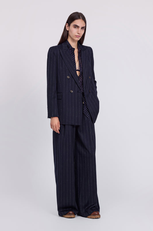 DOUBLE-BREASTED LUREX PINSTRIPED BLAZER