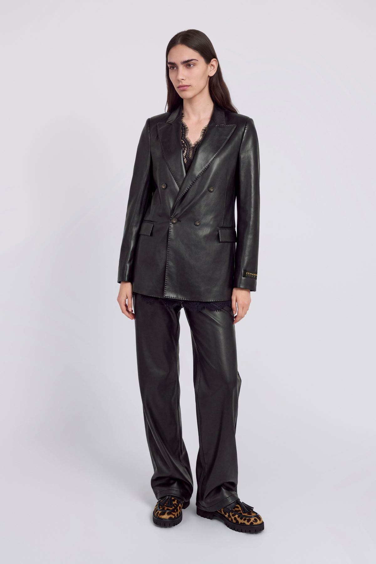 DOUBLE BREASTED FAUX LEATHER BLAZER WITH SCARF
