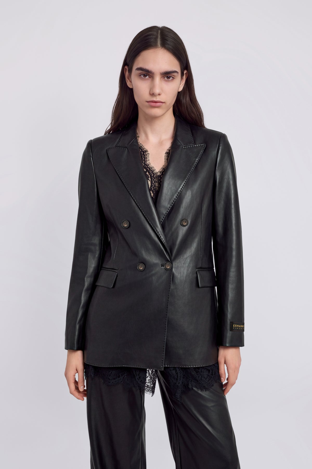 DOUBLE BREASTED FAUX LEATHER BLAZER WITH SCARF