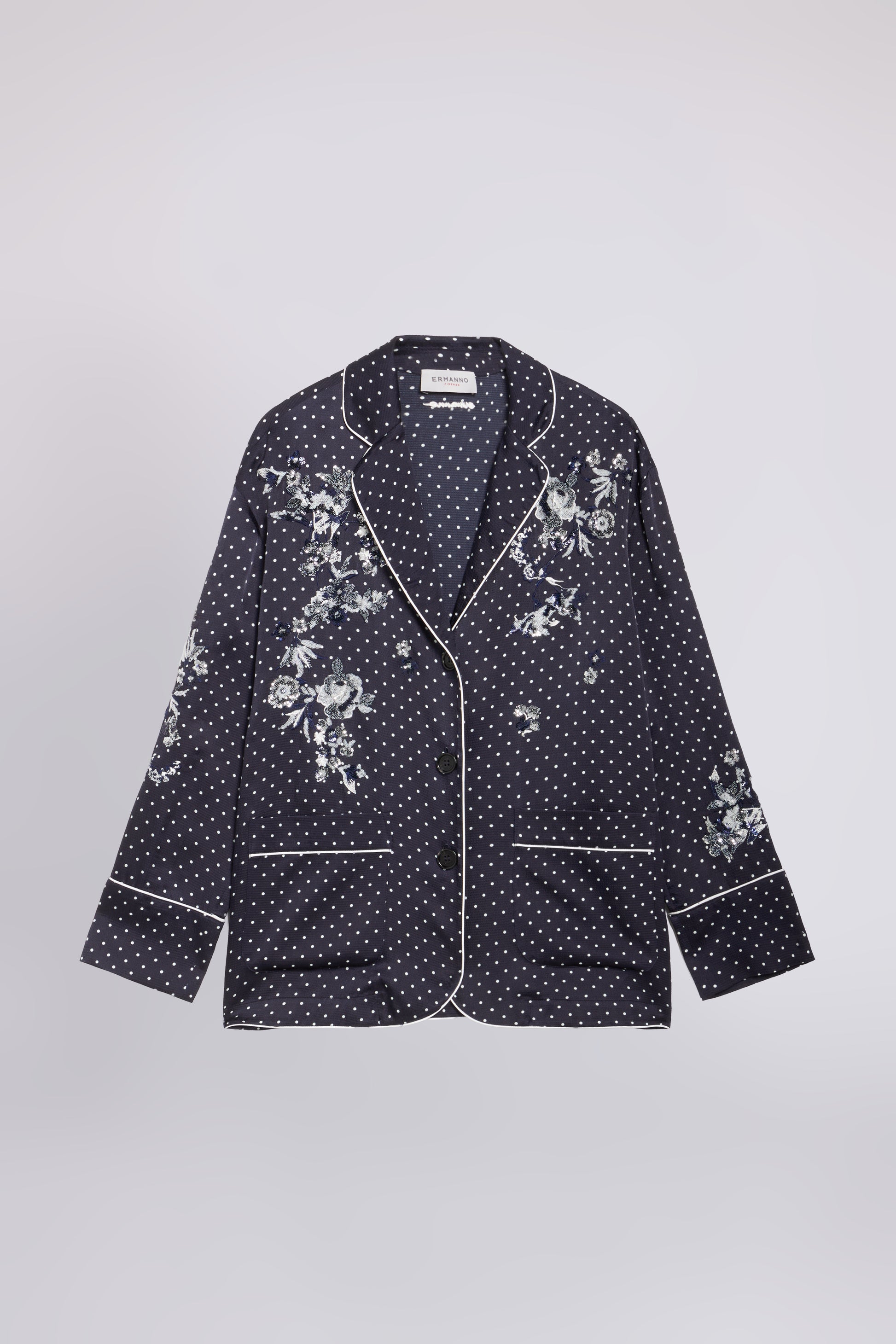 CAMICIA IN RASO A POIS CON RICAMO FLOREALE DI MICRO PAILLETES