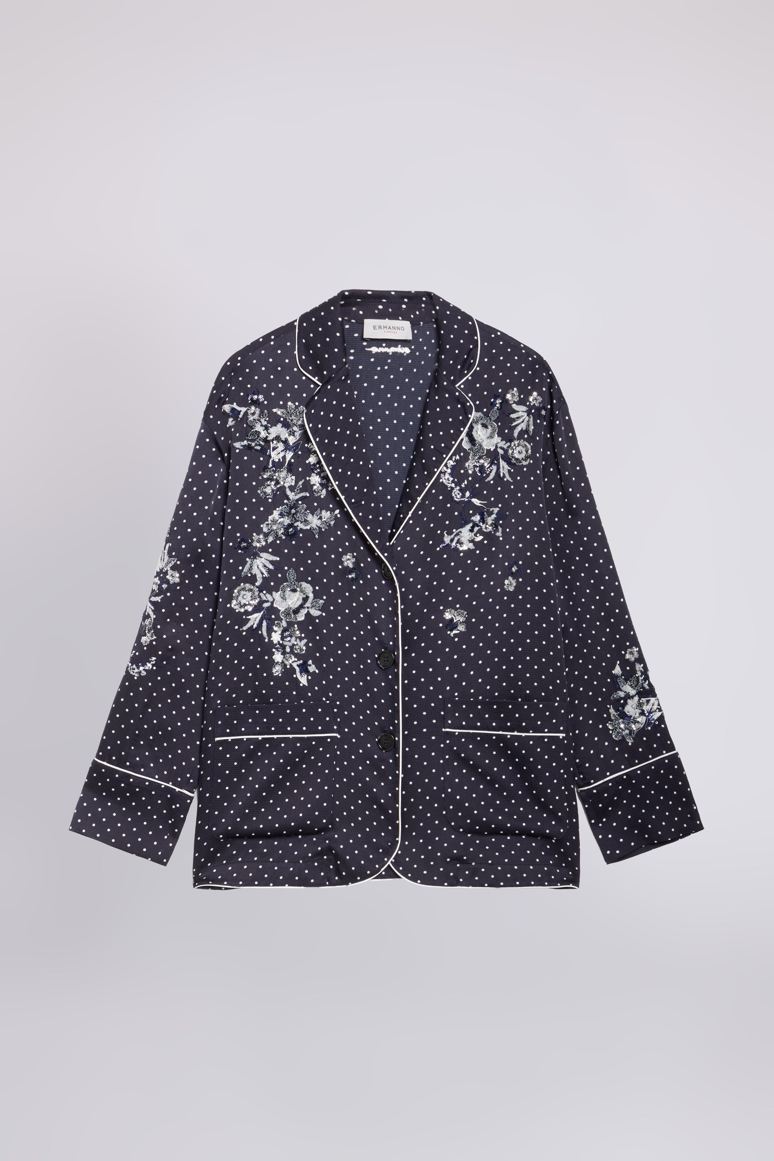 CAMICIA IN RASO A POIS CON RICAMO FLOREALE DI MICRO PAILLETES