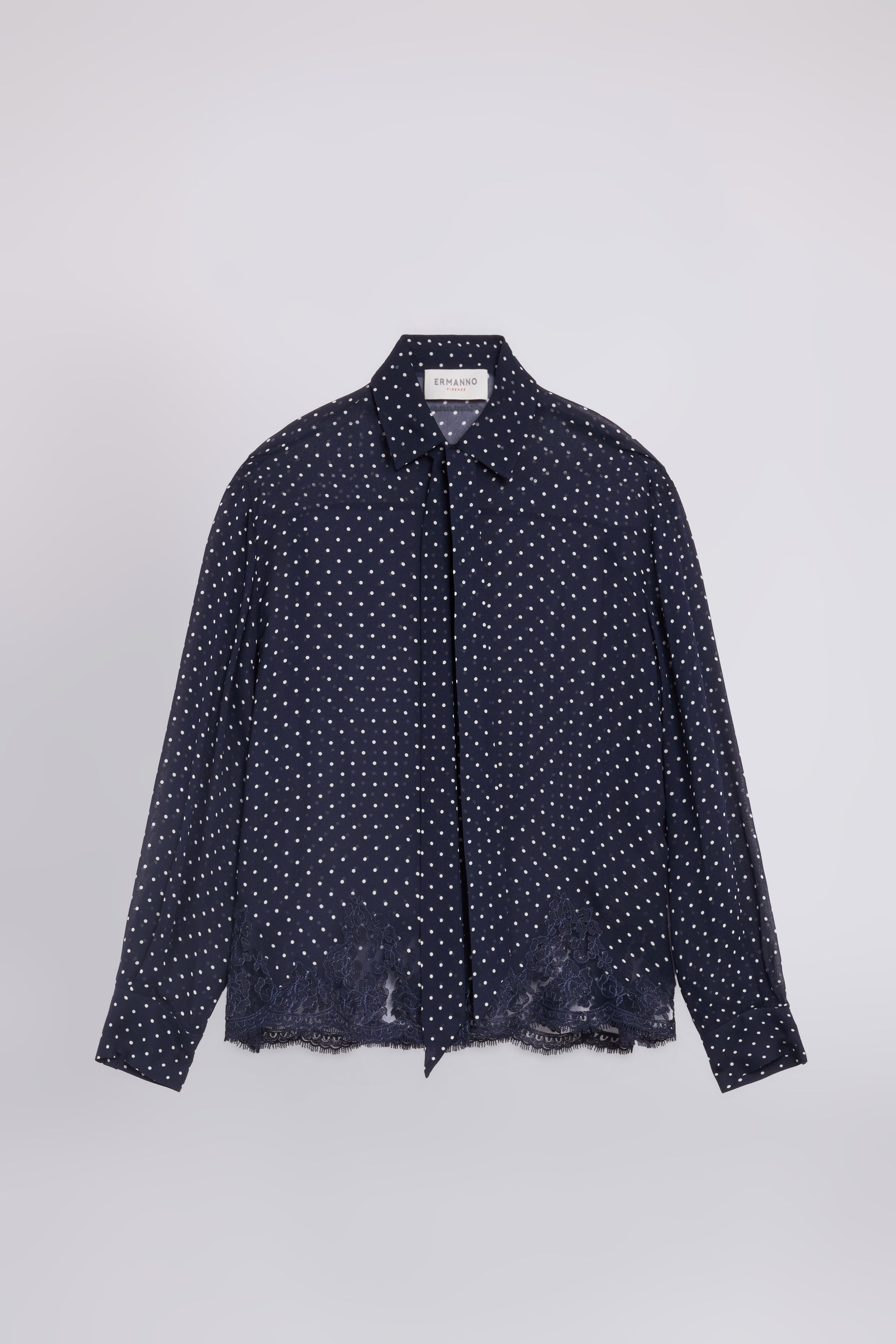 POLKA-DOTS GEORGETTE SHIRT WITH BOW AND EMBROIDERED LACE