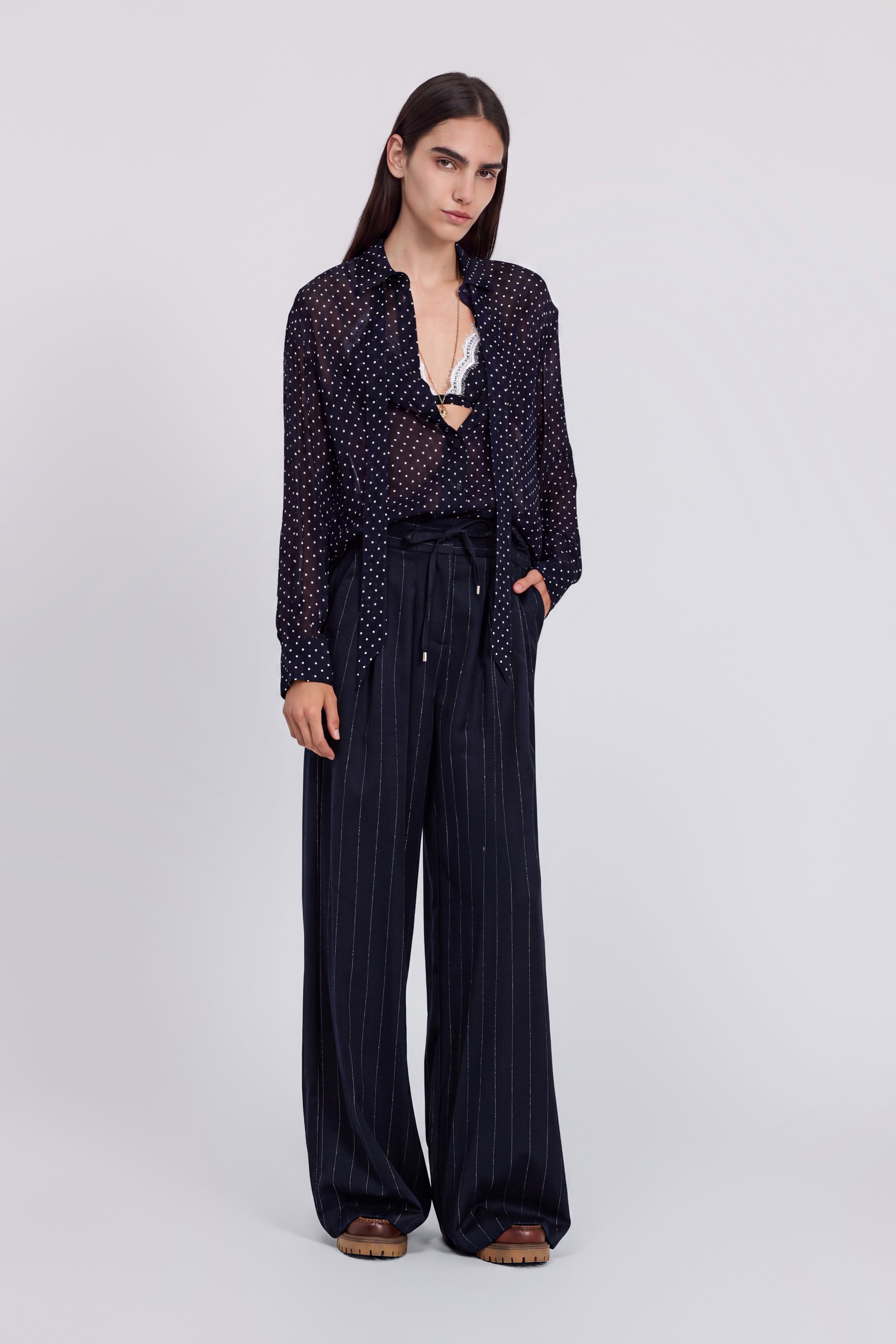 POLKA-DOTS GEORGETTE SHIRT WITH BOW AND EMBROIDERED LACE