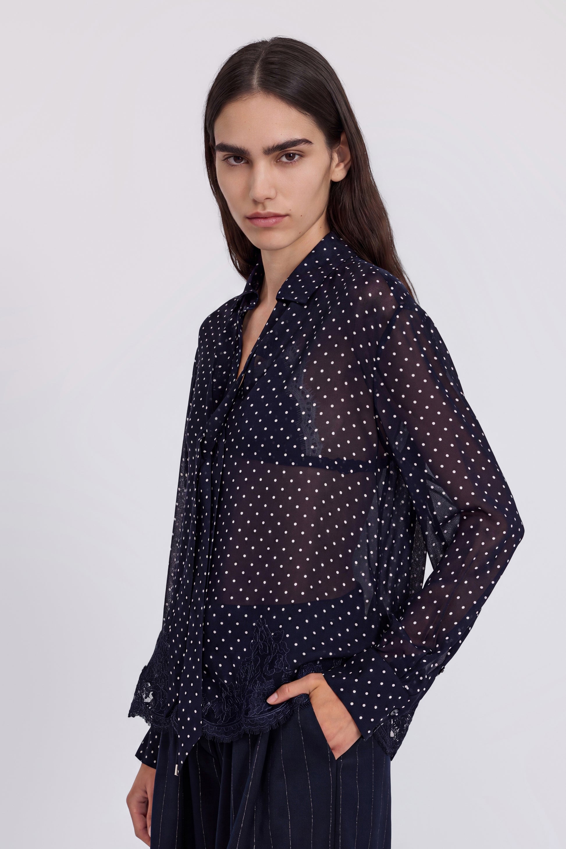 POLKA-DOTS GEORGETTE SHIRT WITH BOW AND EMBROIDERED LACE