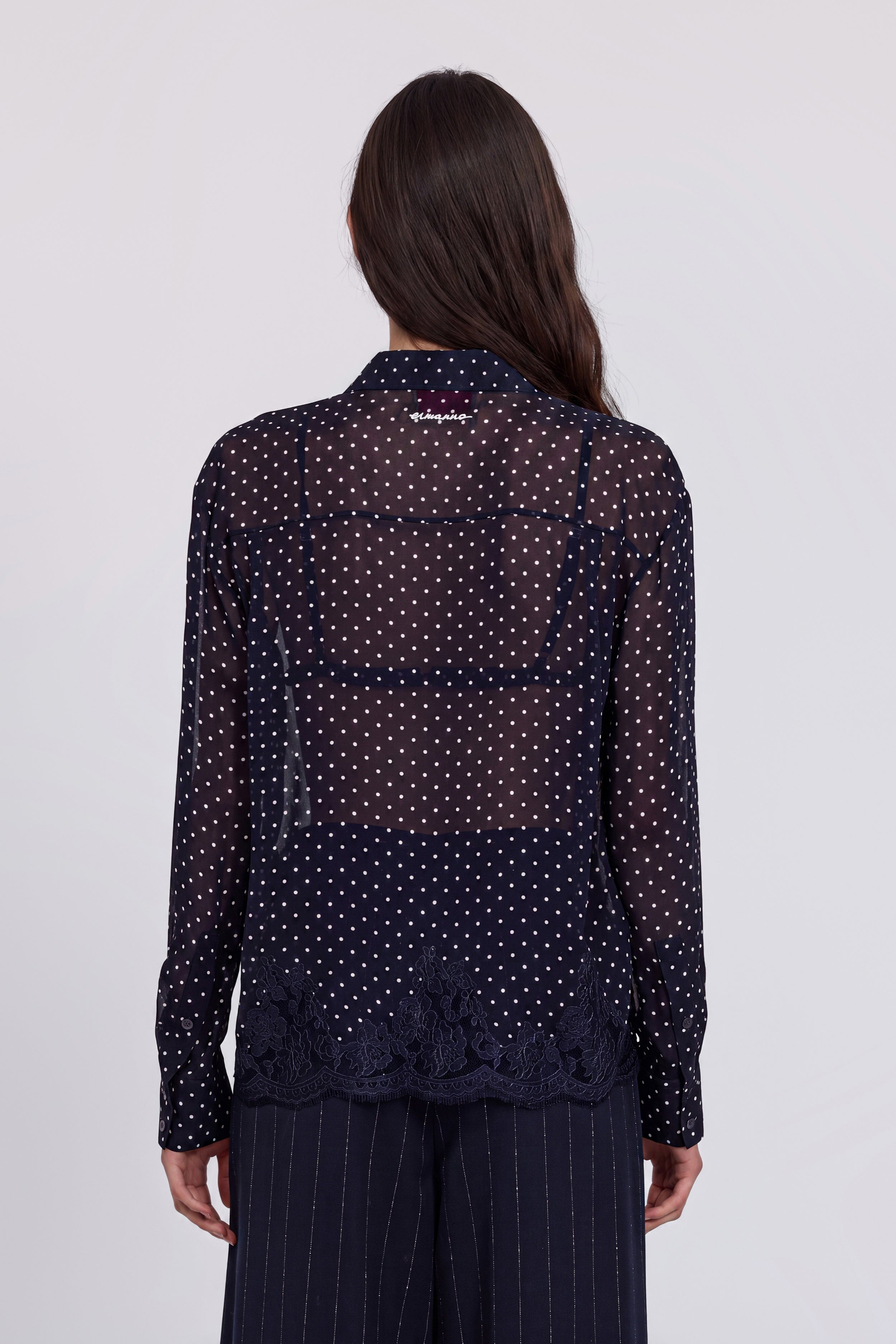 POLKA-DOTS GEORGETTE SHIRT WITH BOW AND EMBROIDERED LACE