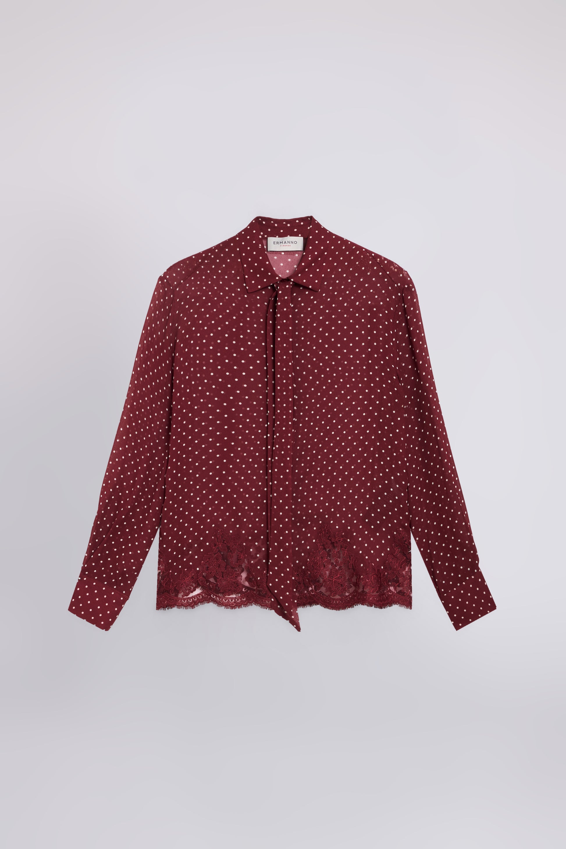 CHEMISE EN CREPE DE GEORGETTE À POIS AVEC RUBAN ET DENTELLE BRODÉE