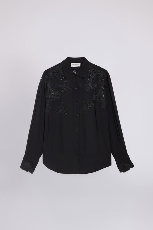 CHEMISE EN CREPE DE GEORGETTE AVEC DENTELLE ET CRISTAUX