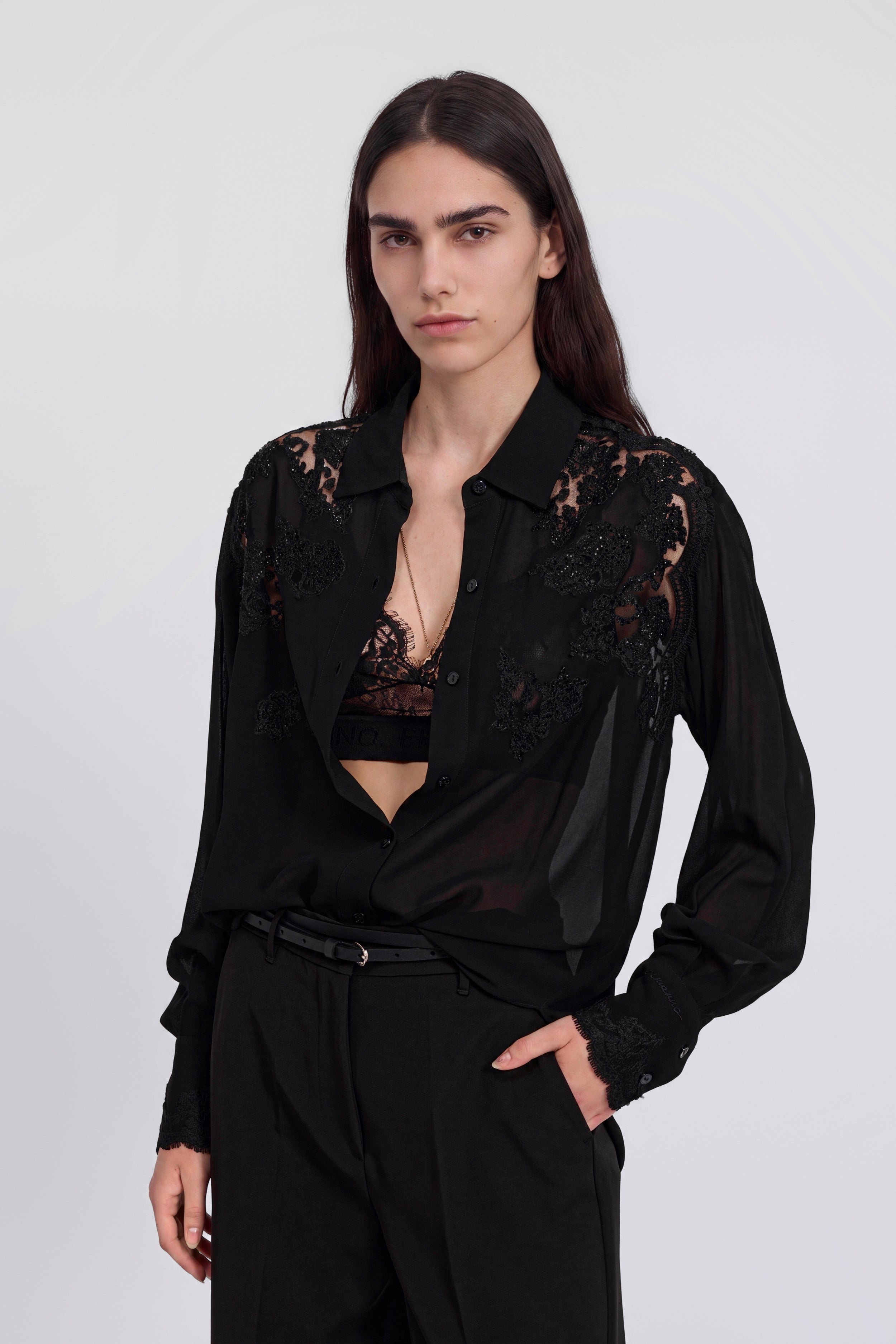 GEORGETTE SHIRT WITH LACE AND RHINESTONES