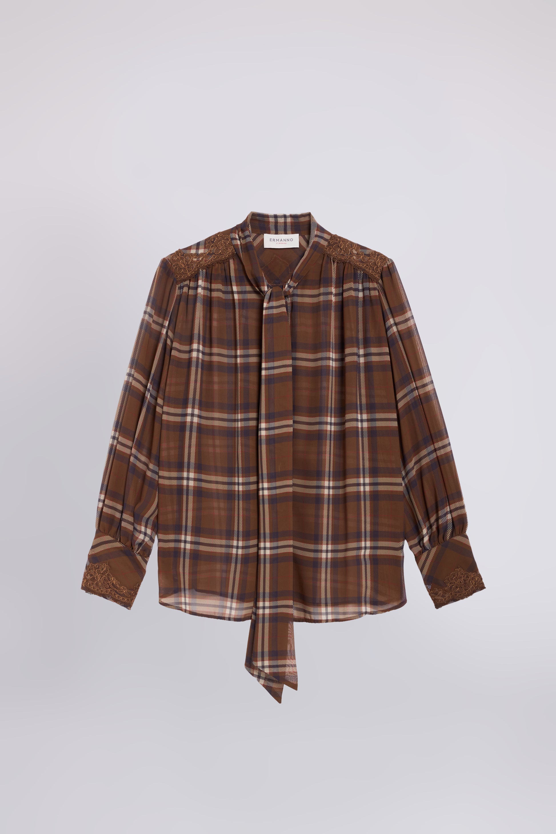 CHEMISE EN GEORGETTE À CARREAUX TARTAN AVEC RUBAN ET DĖTAILS EN DENTELLE AUX ÉPAULES