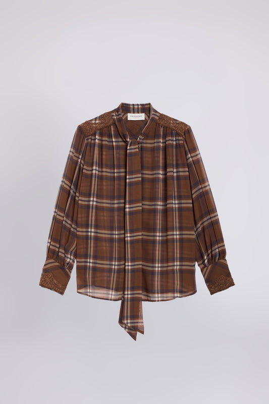 CHEMISE EN GEORGETTE À CARREAUX TARTAN AVEC RUBAN ET DĖTAILS EN DENTELLE AUX ÉPAULES