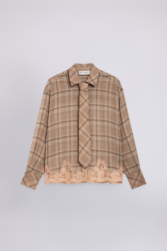CAMICIA IN GEORGETTE PRINCIPE DI GALLES CON CRAVATTA E PIZZO RICAMATO