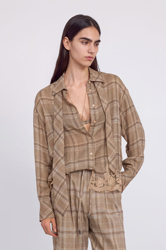 CAMICIA IN GEORGETTE PRINCIPE DI GALLES CON CRAVATTA E PIZZO RICAMATO