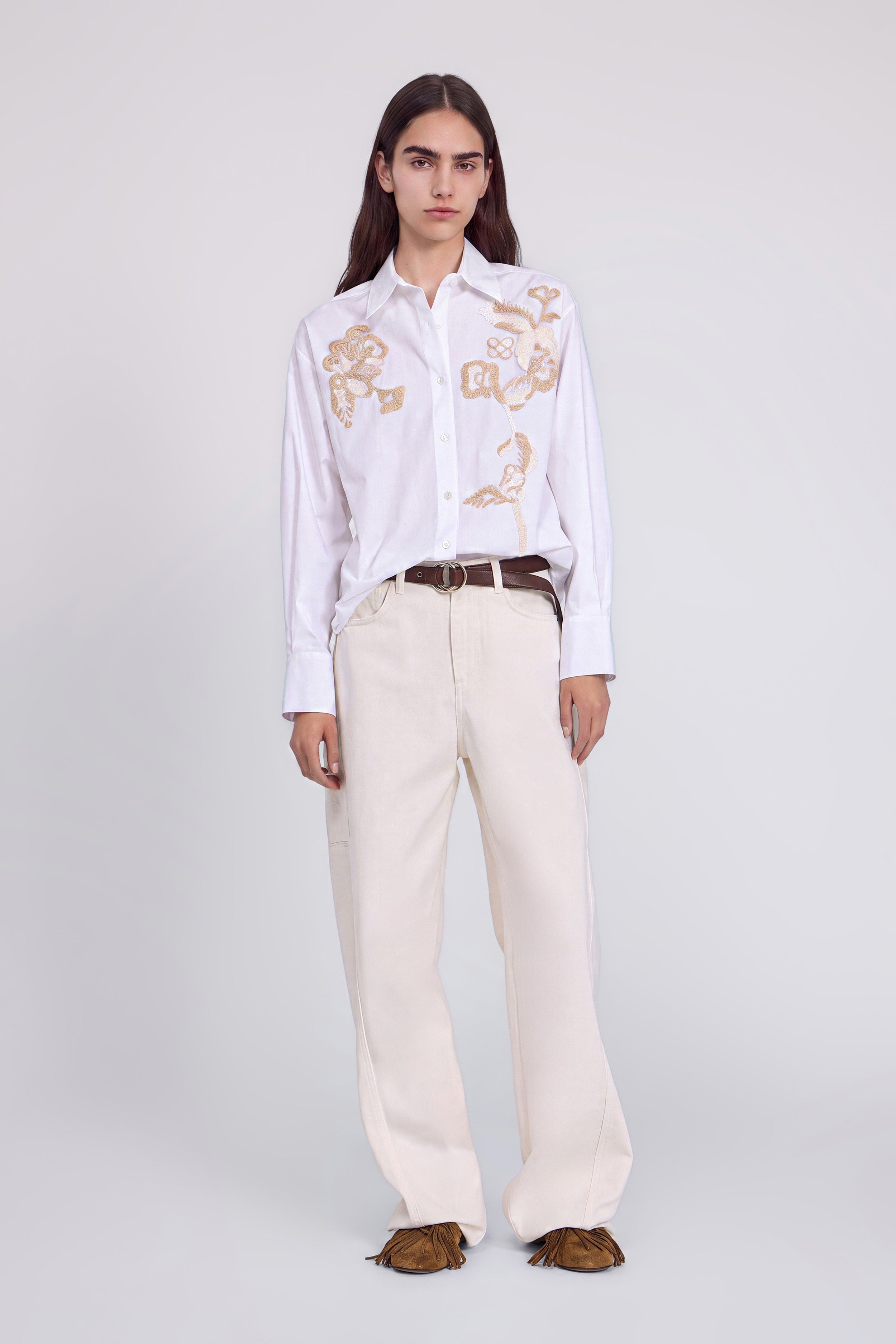 CAMICIA IN POPELINE CON RICAMI FLOREALI