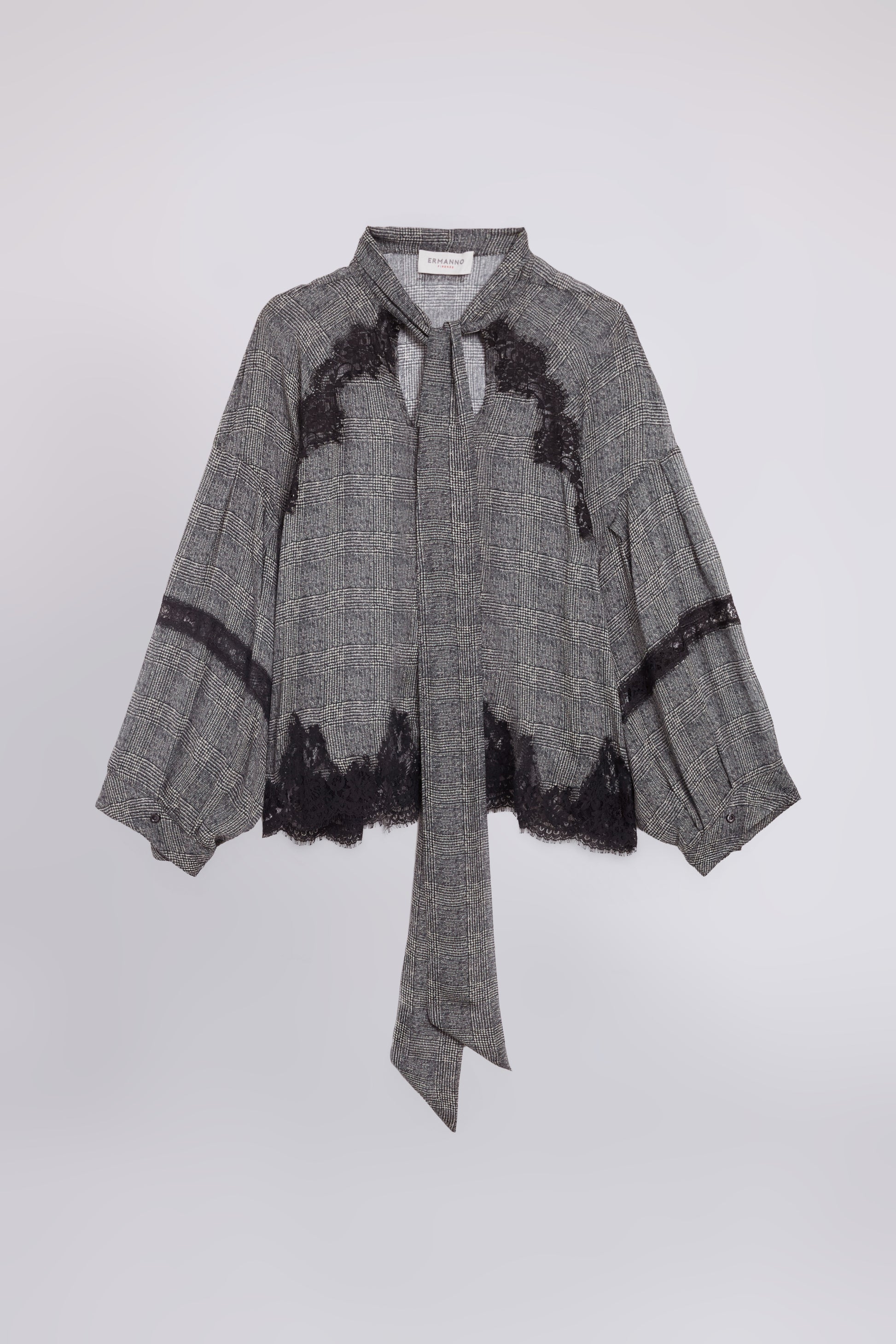 CHECKED GEORGETTE BLOUSE WITH BOW AND LACE