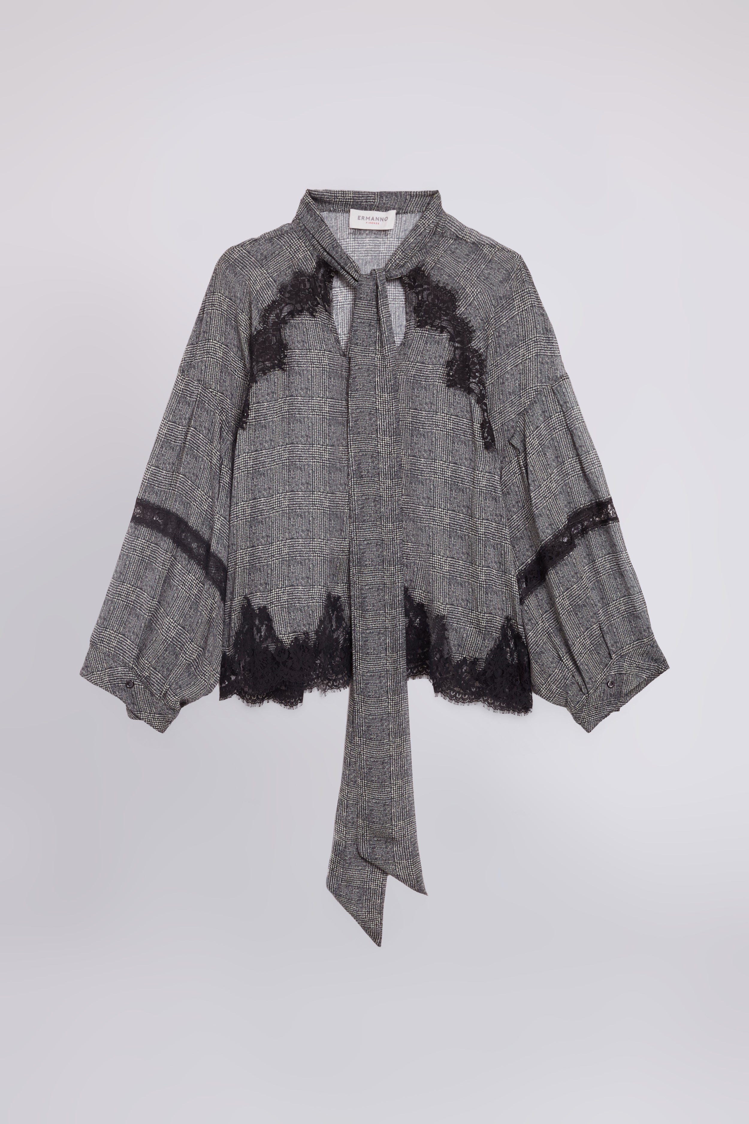 CHECKED GEORGETTE BLOUSE WITH BOW AND LACE