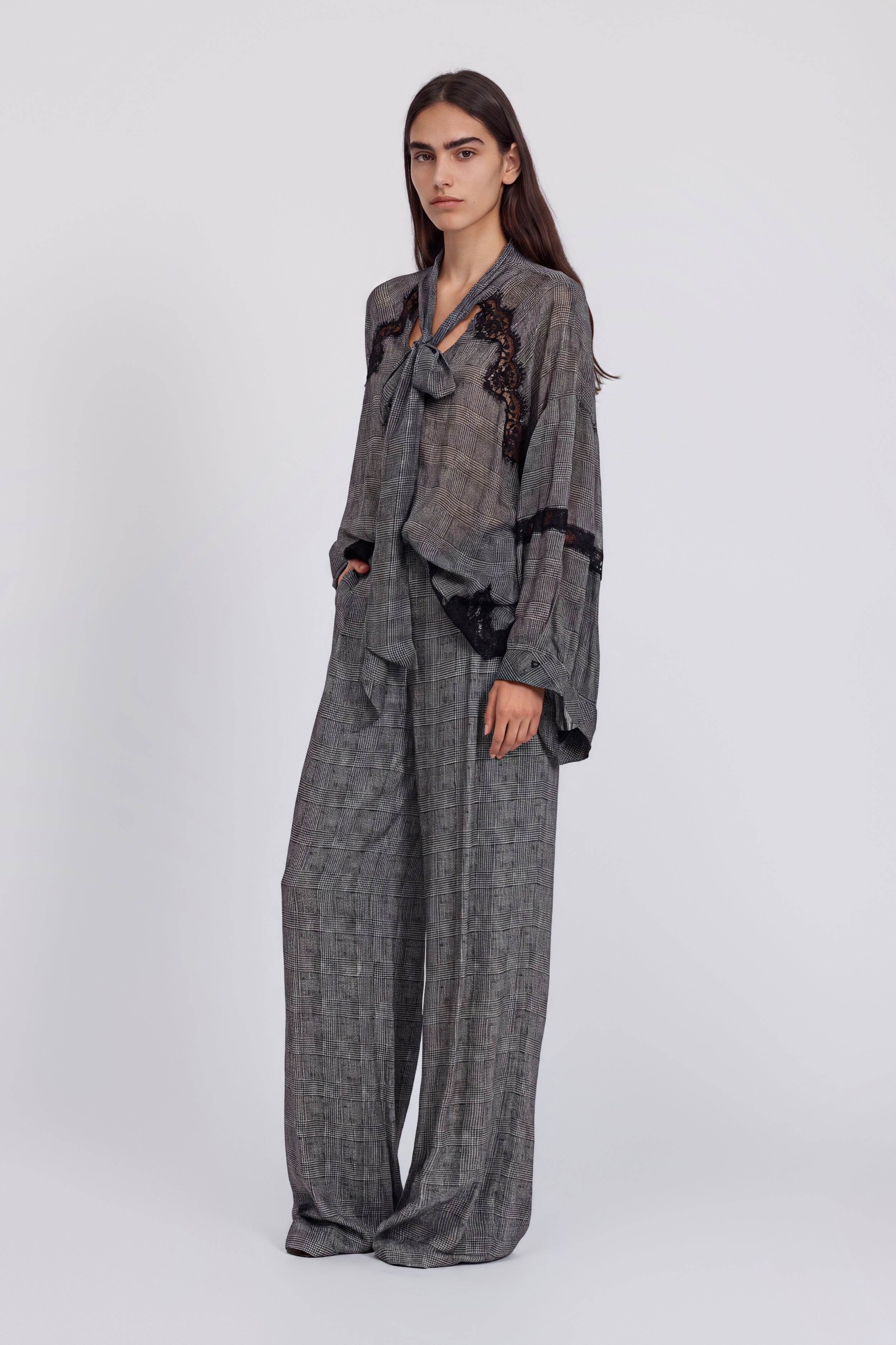 CHECKED GEORGETTE BLOUSE WITH BOW AND LACE