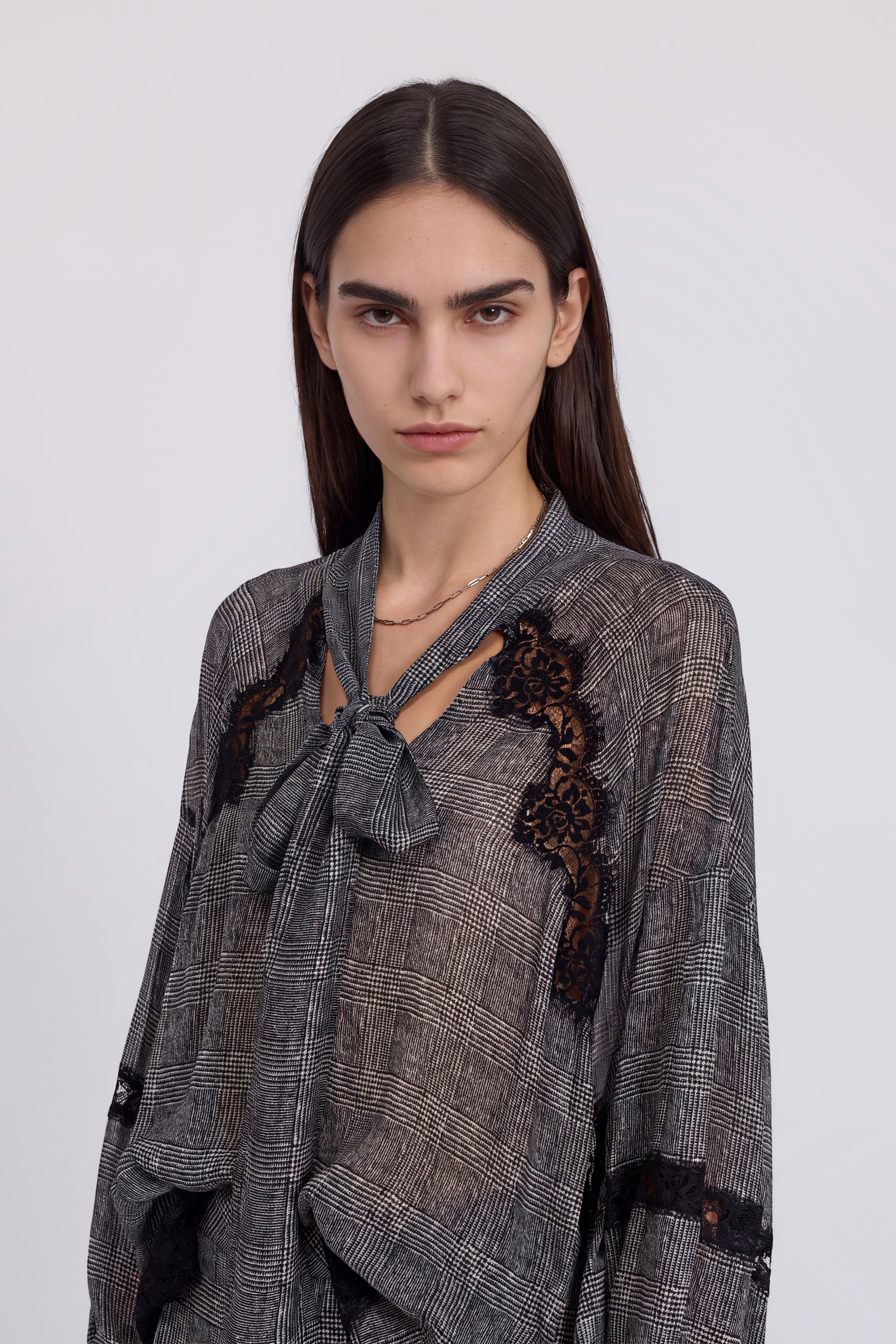 CHECKED GEORGETTE BLOUSE WITH BOW AND LACE