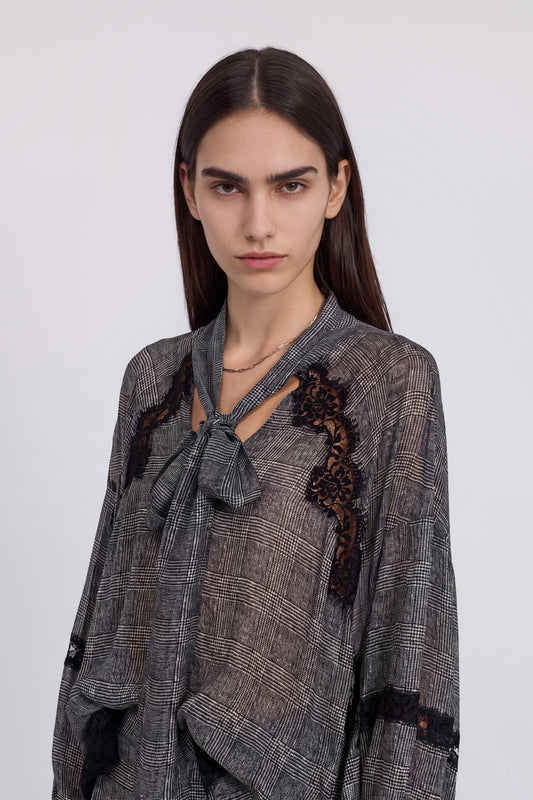 BLUSA AMPIA DI GEORGETTE PRINCIPE DI GALLES CON FIOCCO E PIZZO