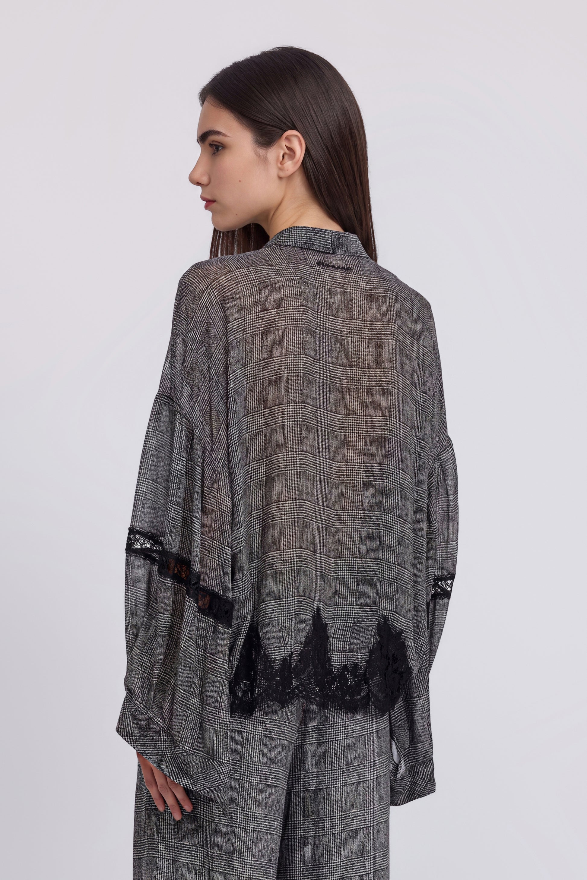 CHECKED GEORGETTE BLOUSE WITH BOW AND LACE