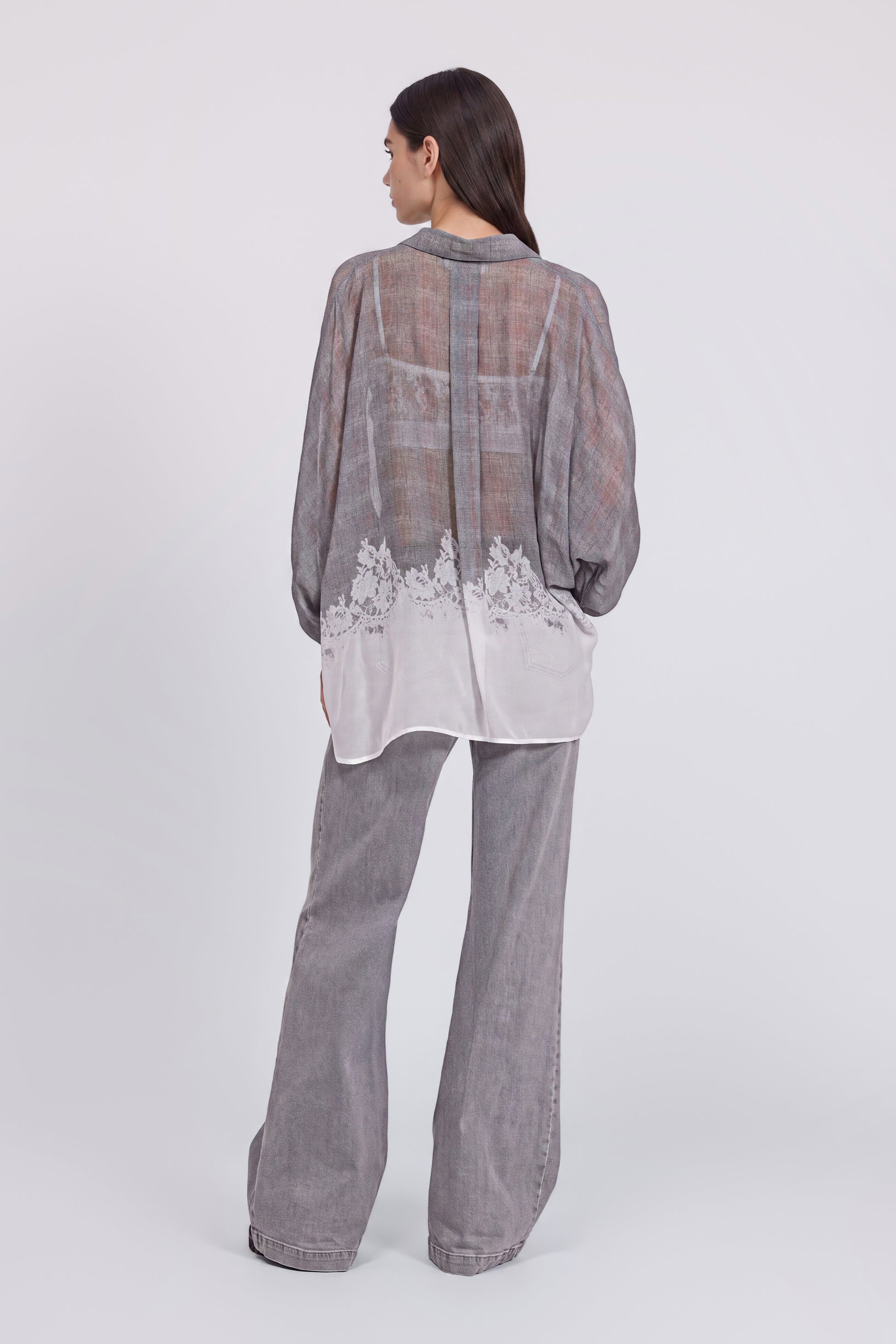 CHEMISE À CARREAUX MÈLANGE EN GEORGETTE AVEC IMPRIMÉ DENTELLE