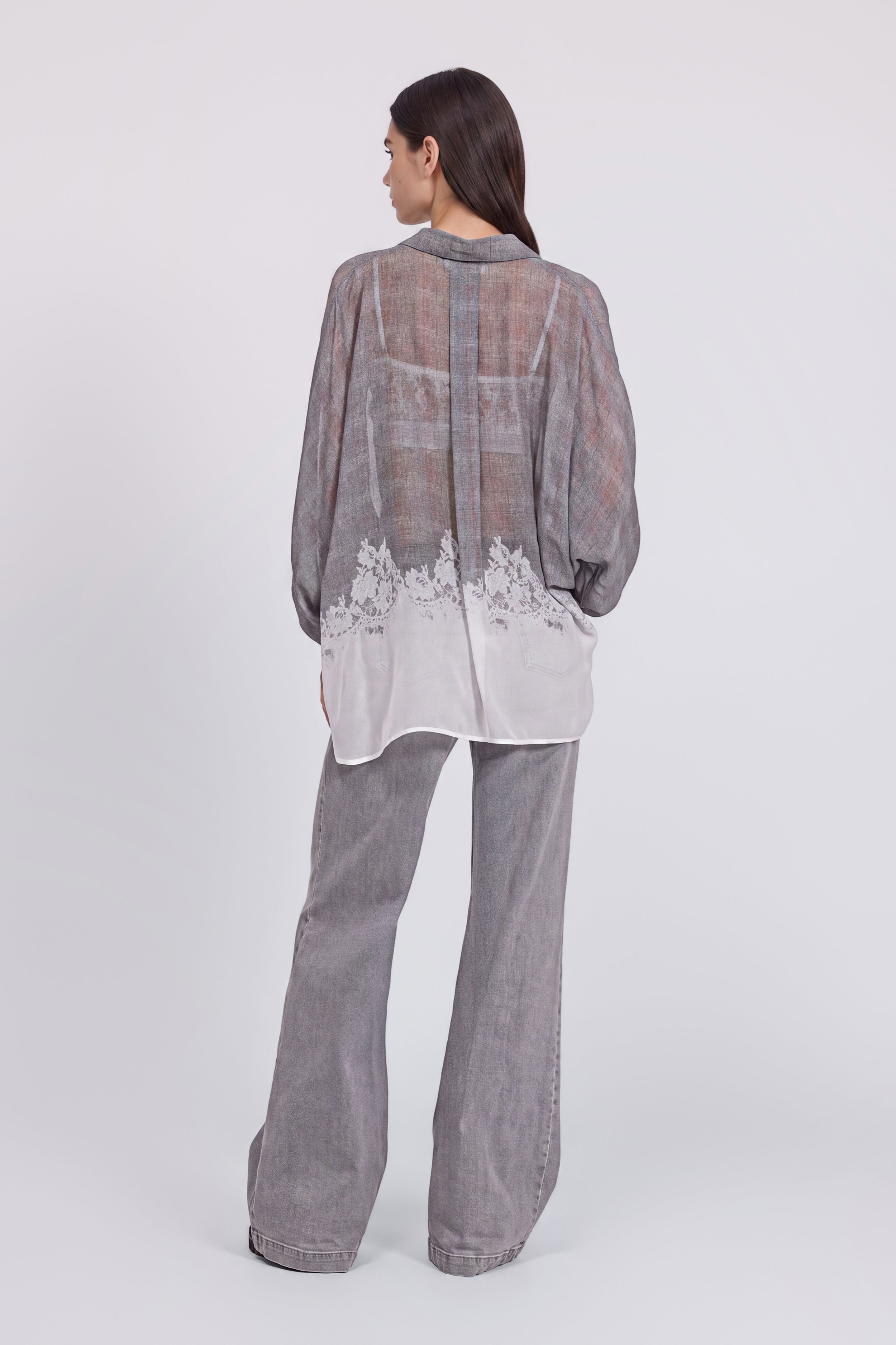 CHEMISE À CARREAUX MÈLANGE EN GEORGETTE AVEC IMPRIMÉ DENTELLE