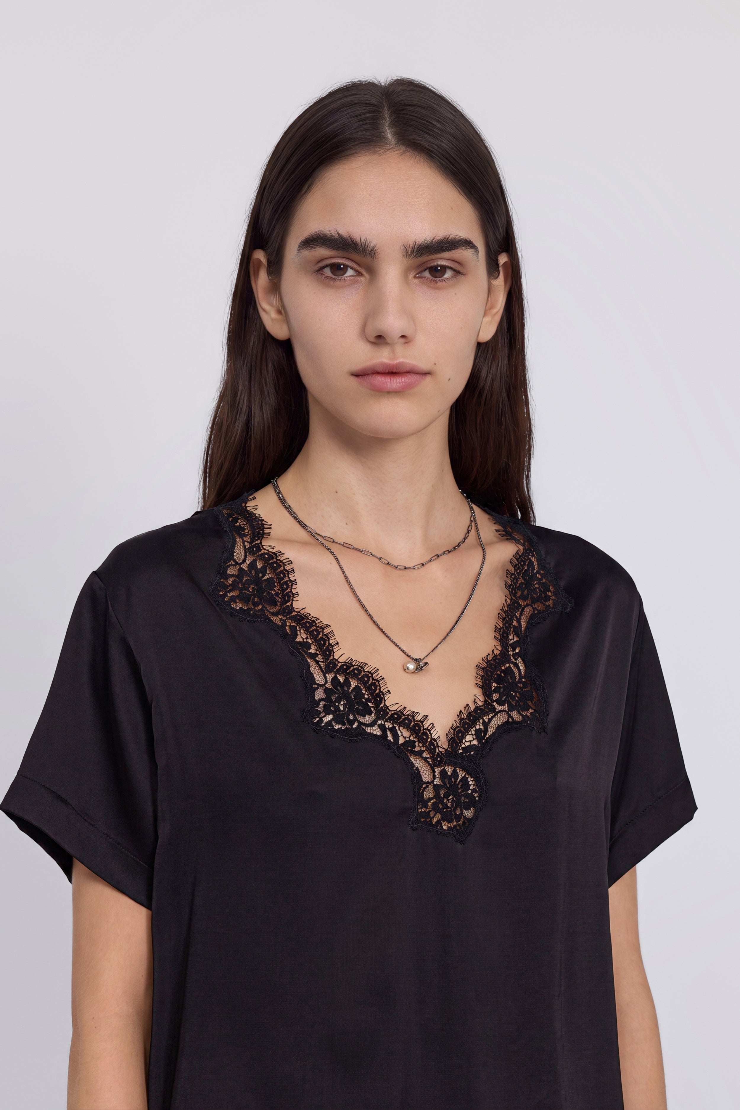 SATIN T-SHIRT WITH EMBROIDERED LACE