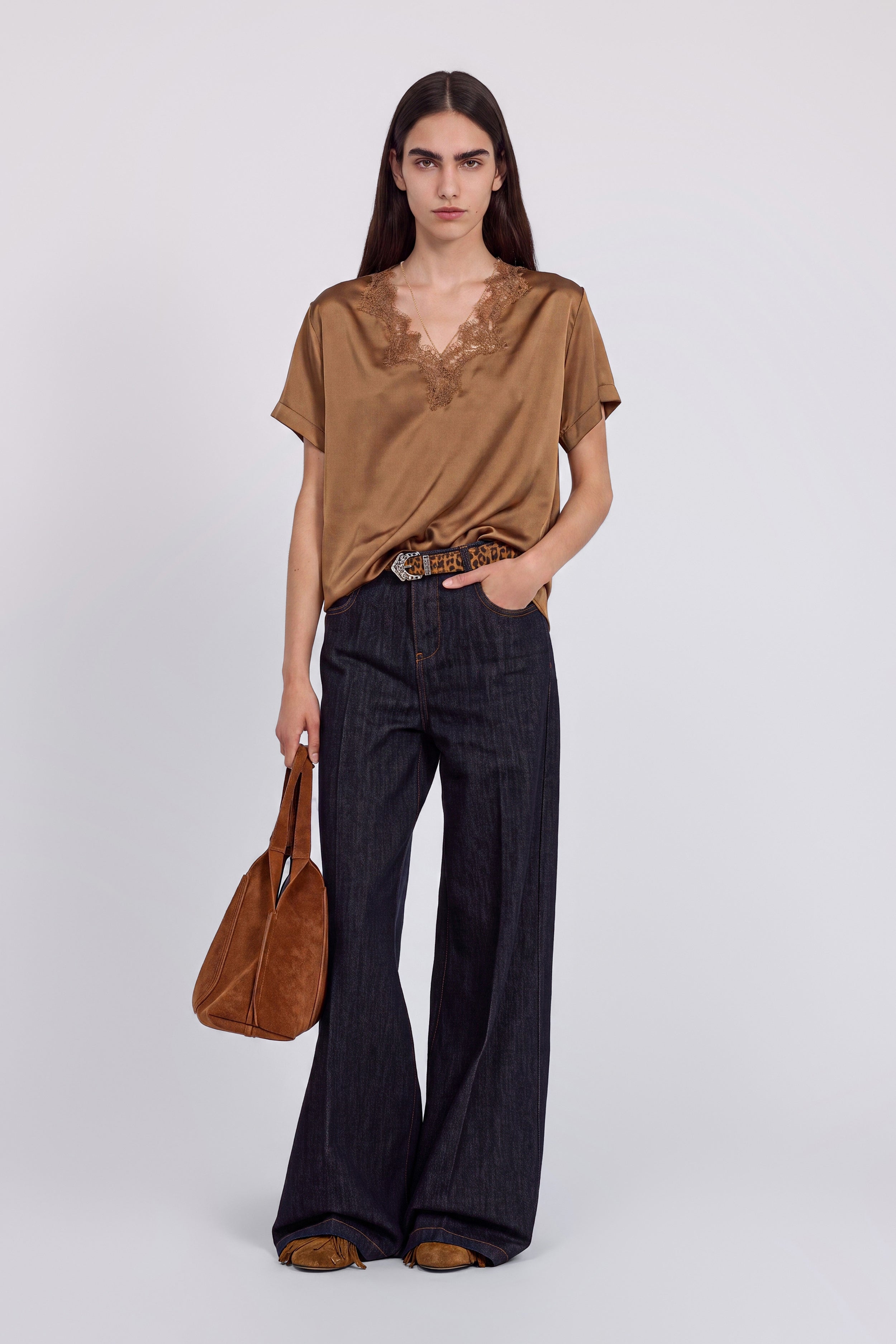 SATIN T-SHIRT WITH EMBROIDERED LACE