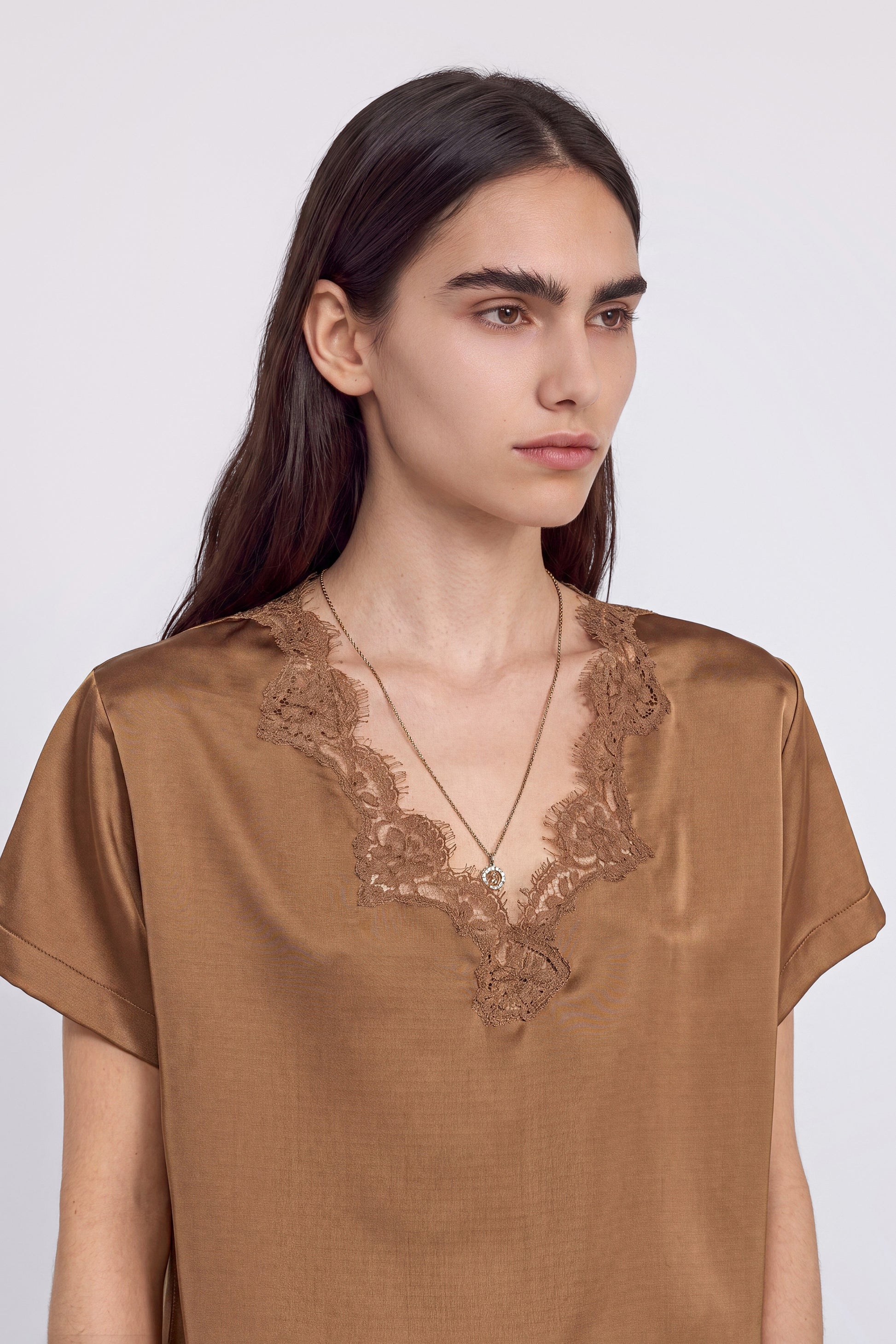 SATIN T-SHIRT WITH EMBROIDERED LACE