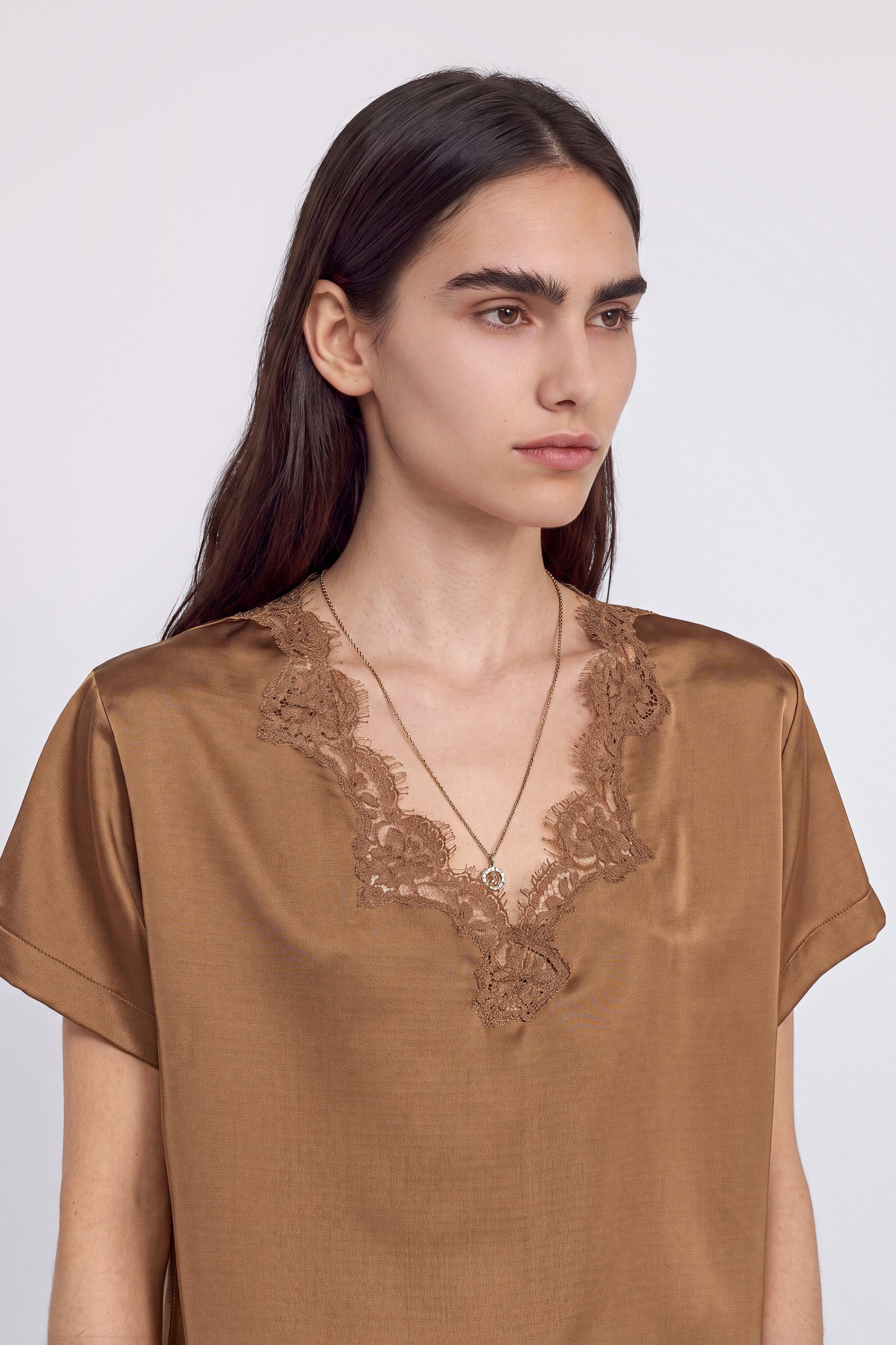 SATIN T-SHIRT WITH EMBROIDERED LACE