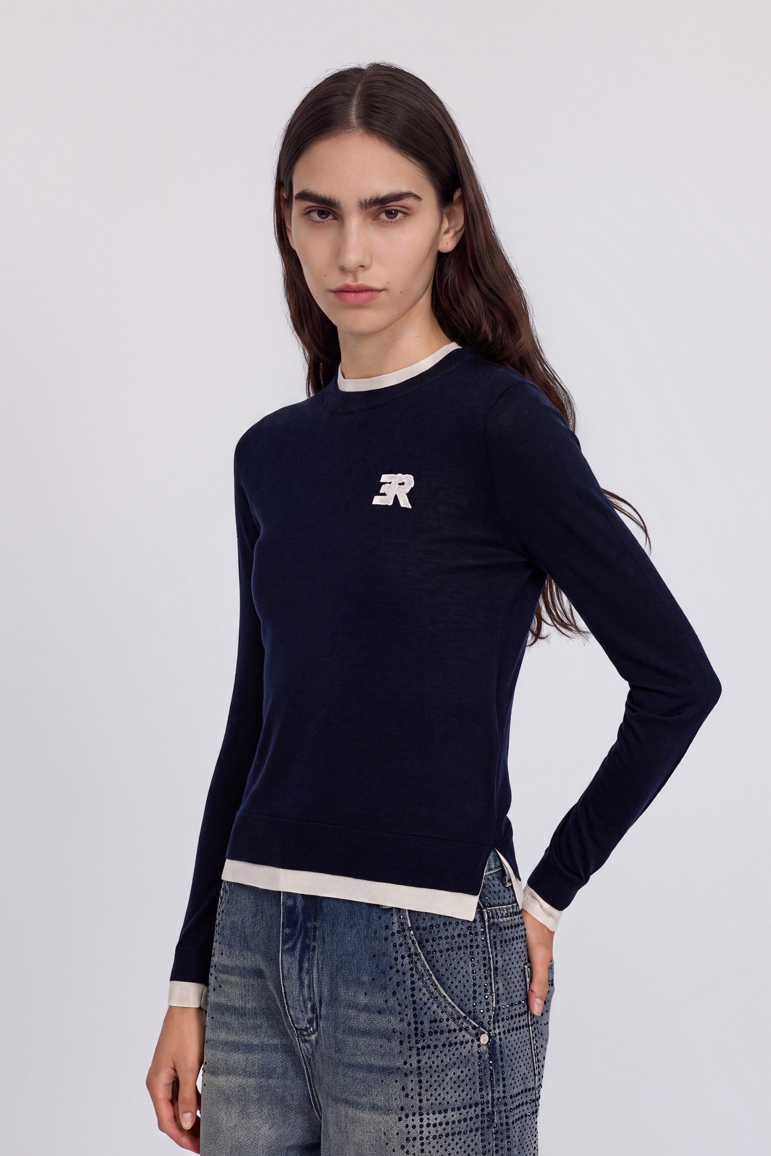 MAGLIA MISTO SETA BICOLORE CON LOGO DI PIZZO