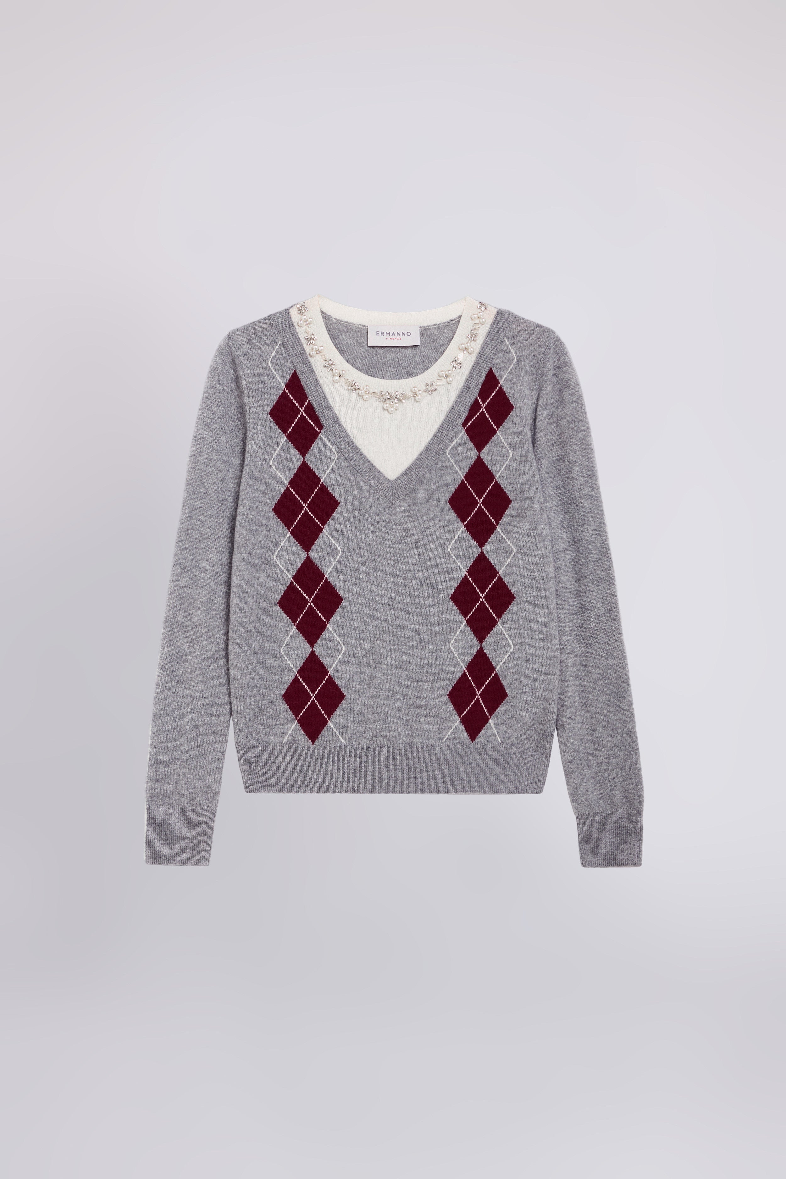 PULL EN MÉLANGE DE CACHEMIRE À MOTIF ARGYLE ET COL BIJOU