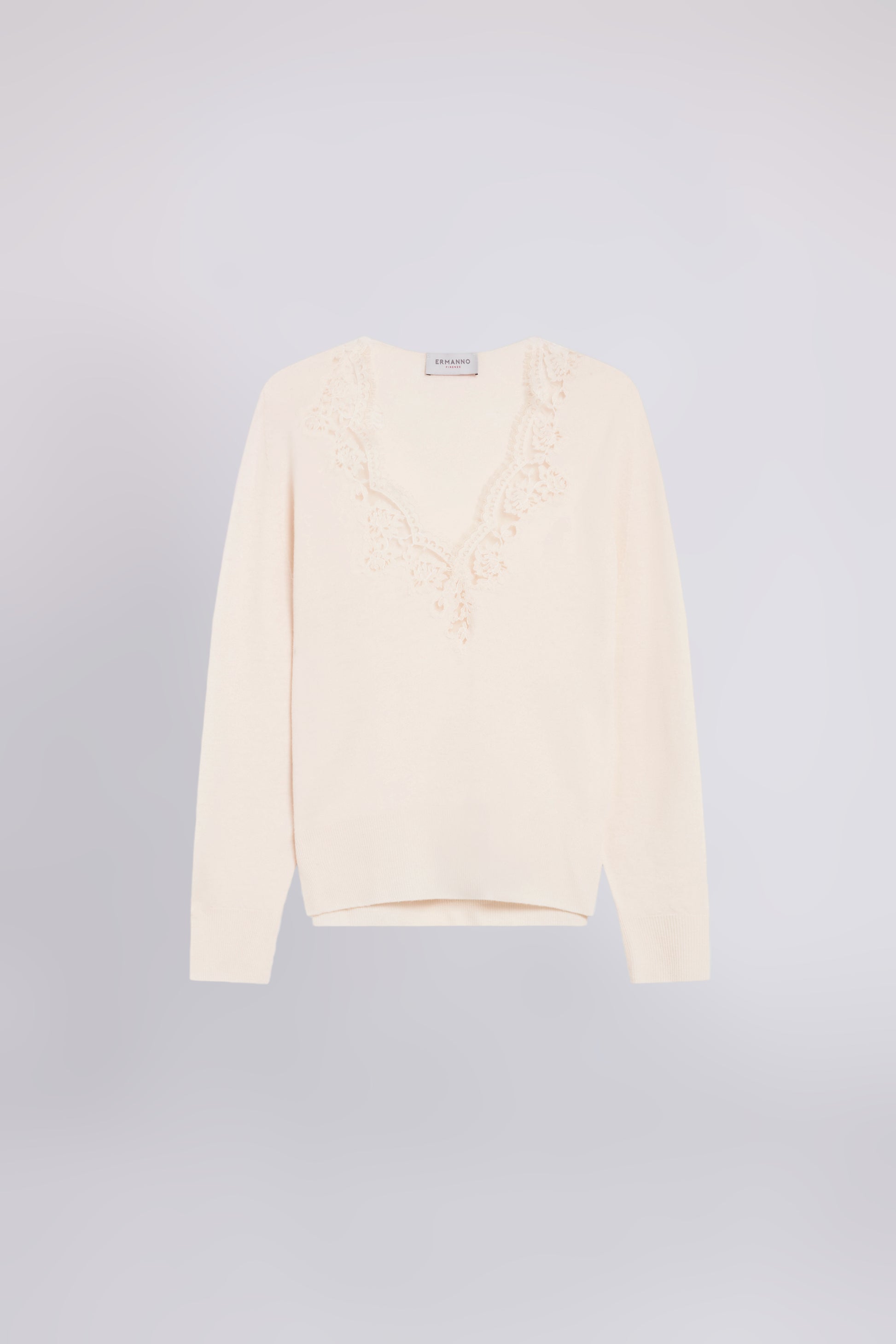 V-NECK WOOL LIGHT SWEATER WITH EMBROIDERED REBRODĖ LACE