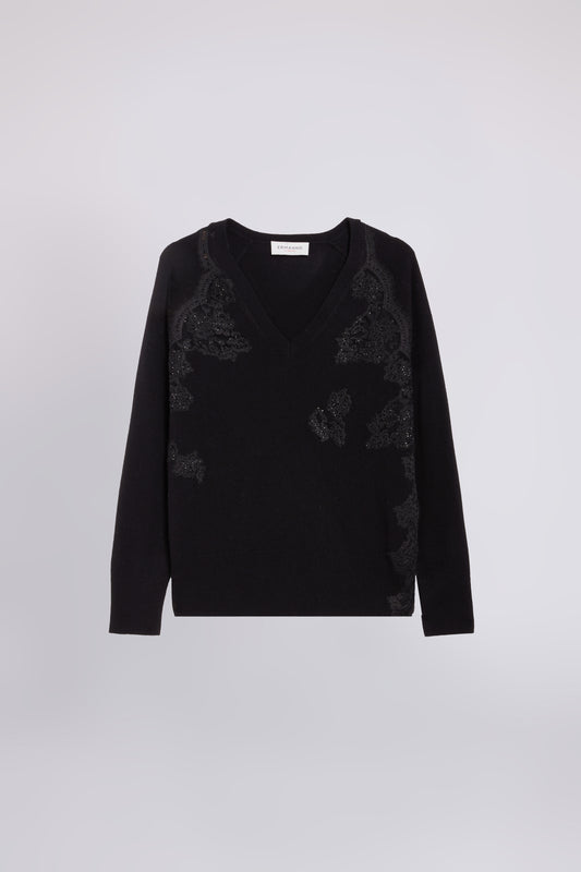MAGLIA SCOLLO A V CON PIZZO E CRISTALLI