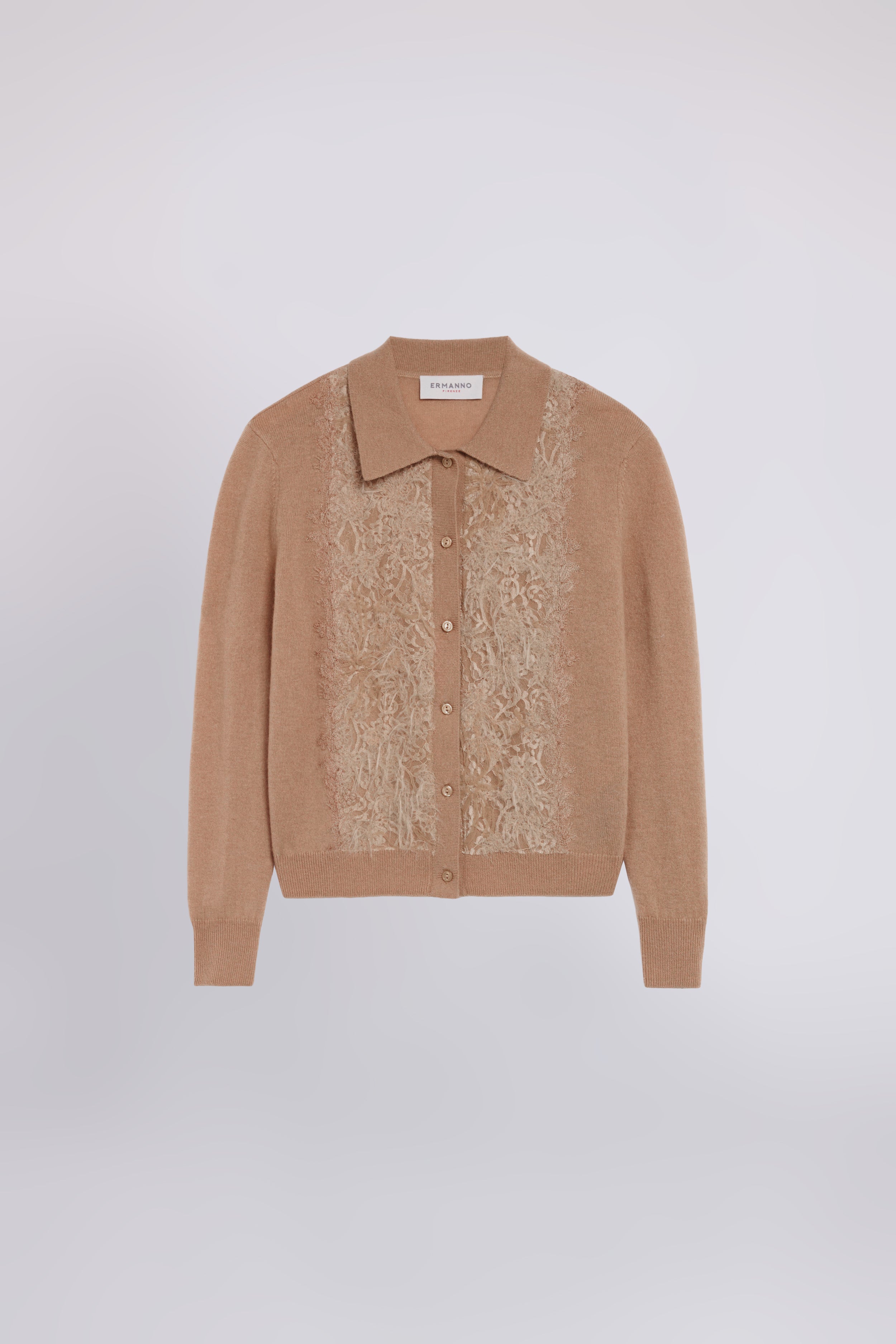 WOOL AND CASHMERE CARDIGAN WITH COLLAR AND LACE INSERT