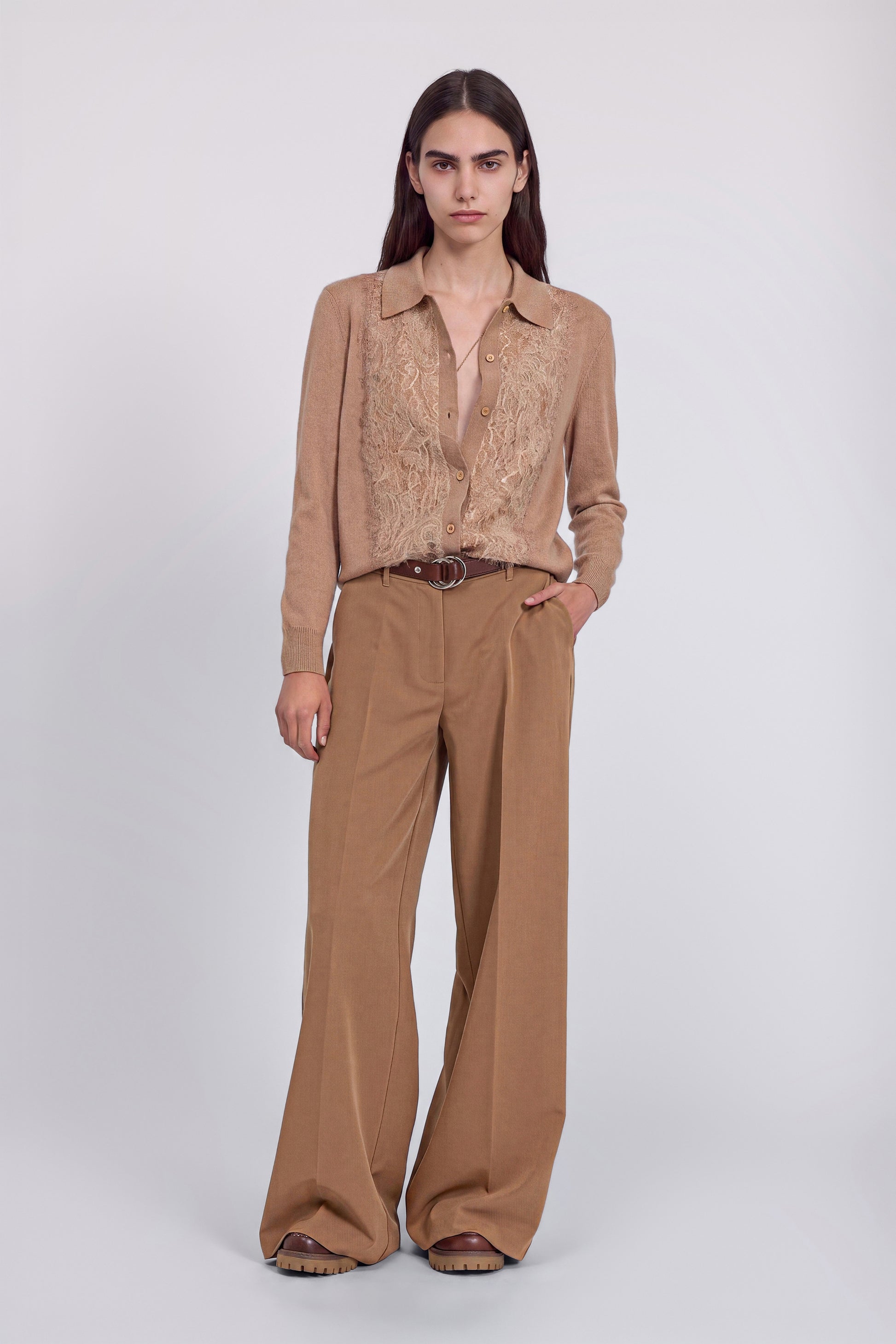 WOOL AND CASHMERE CARDIGAN WITH COLLAR AND LACE INSERT