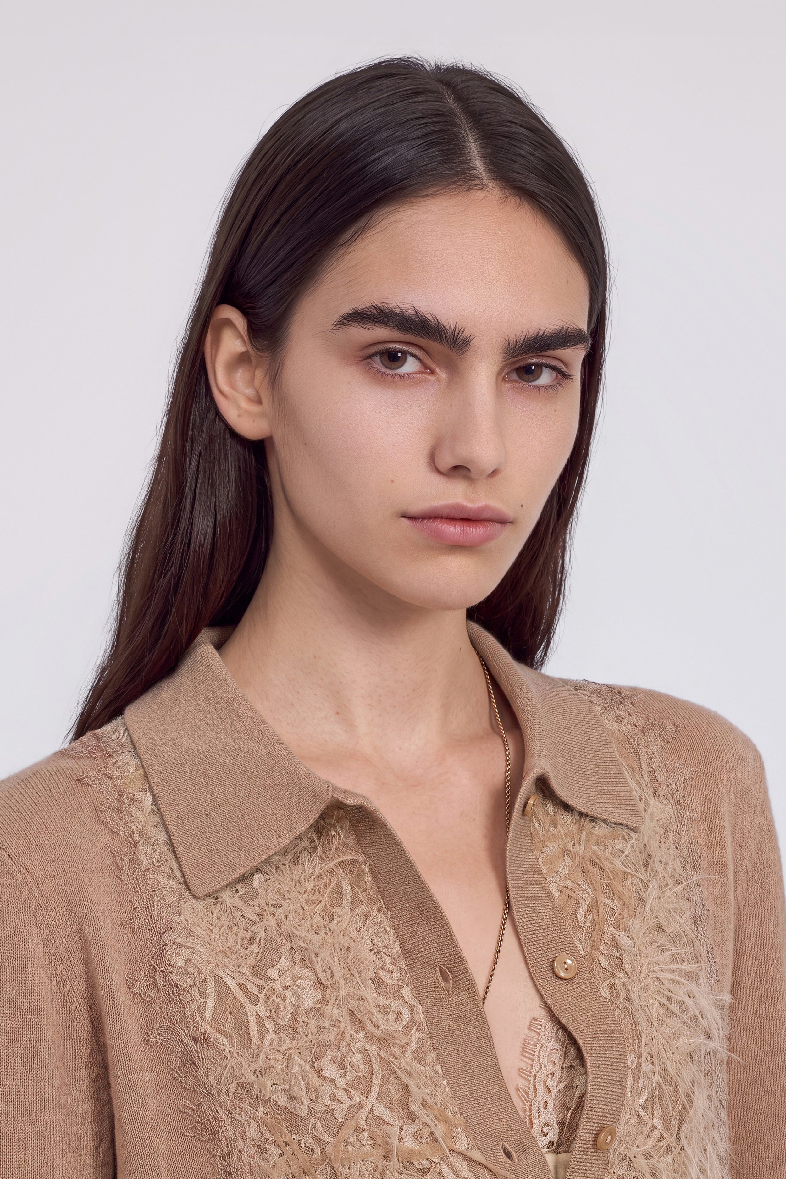 WOOL AND CASHMERE CARDIGAN WITH COLLAR AND LACE INSERT