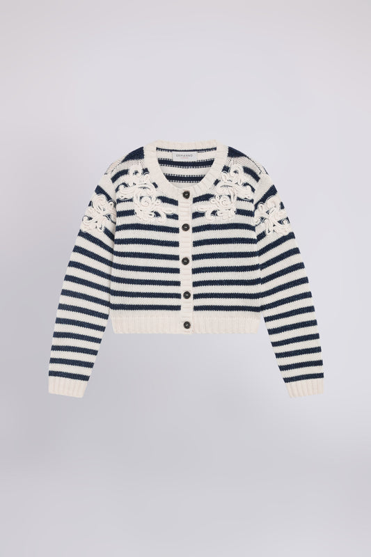 STRIPED WOOL AND CASHMERE CARDIGAN  WITH CORNELLY EMBROIDERY