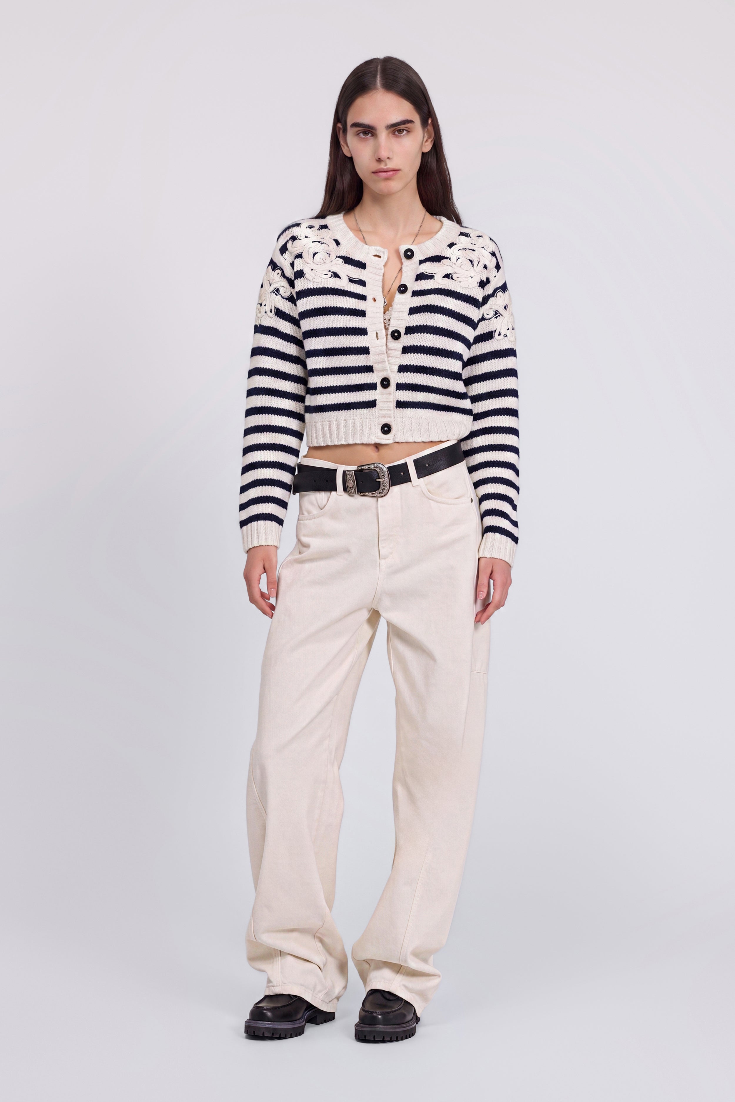 CARDIGAN RAYÉ EN LAINE ET CACHEMIRE AVEC BRODERIES CORNELLY