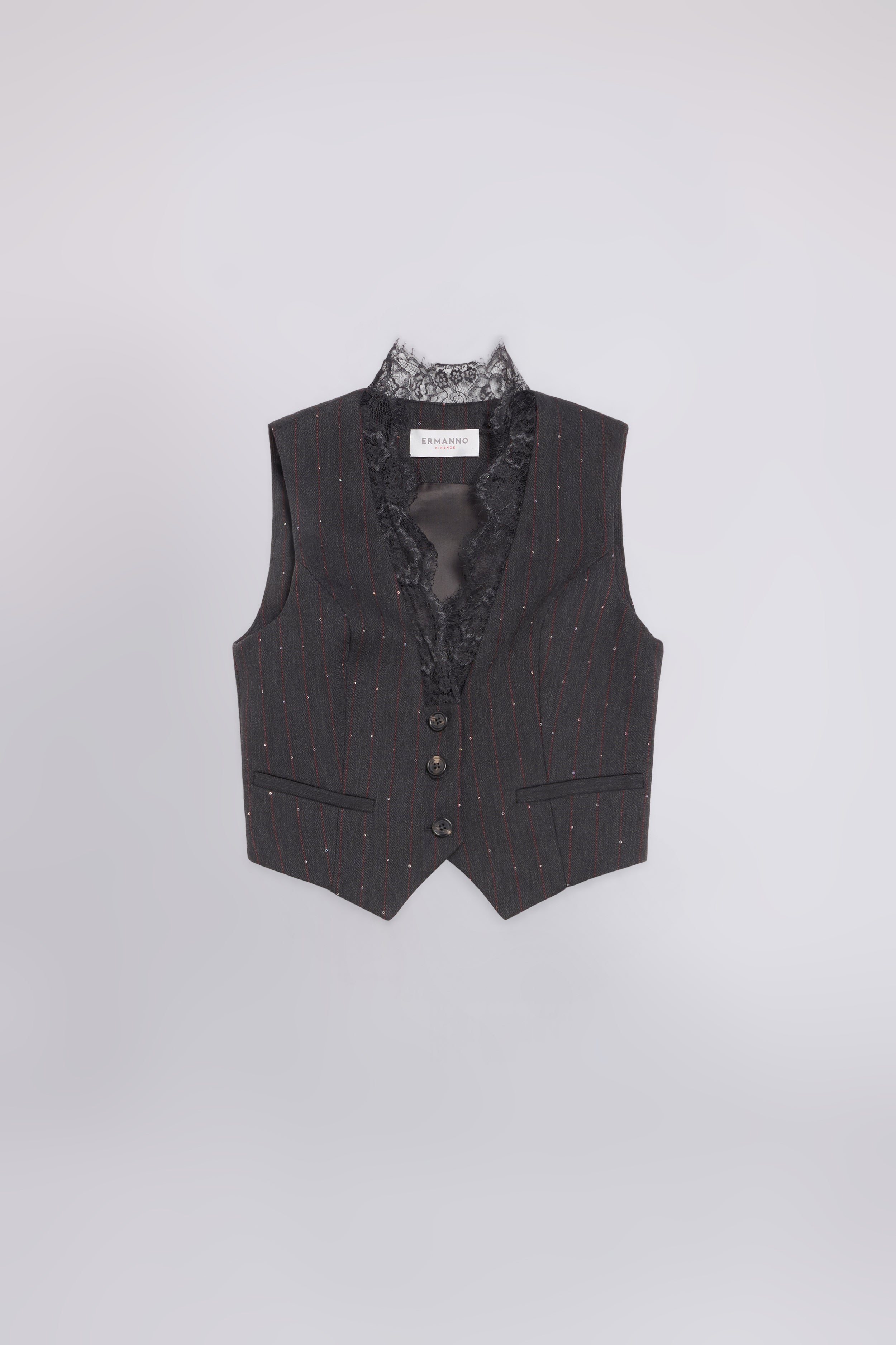 PINSTRIPED WAISTCOAT WITH MICRO SEQUINS AND LACE ON THE NECKLINE