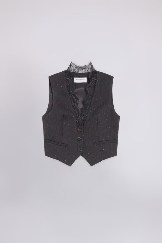 PINSTRIPED WAISTCOAT WITH MICRO SEQUINS AND LACE ON THE NECKLINE