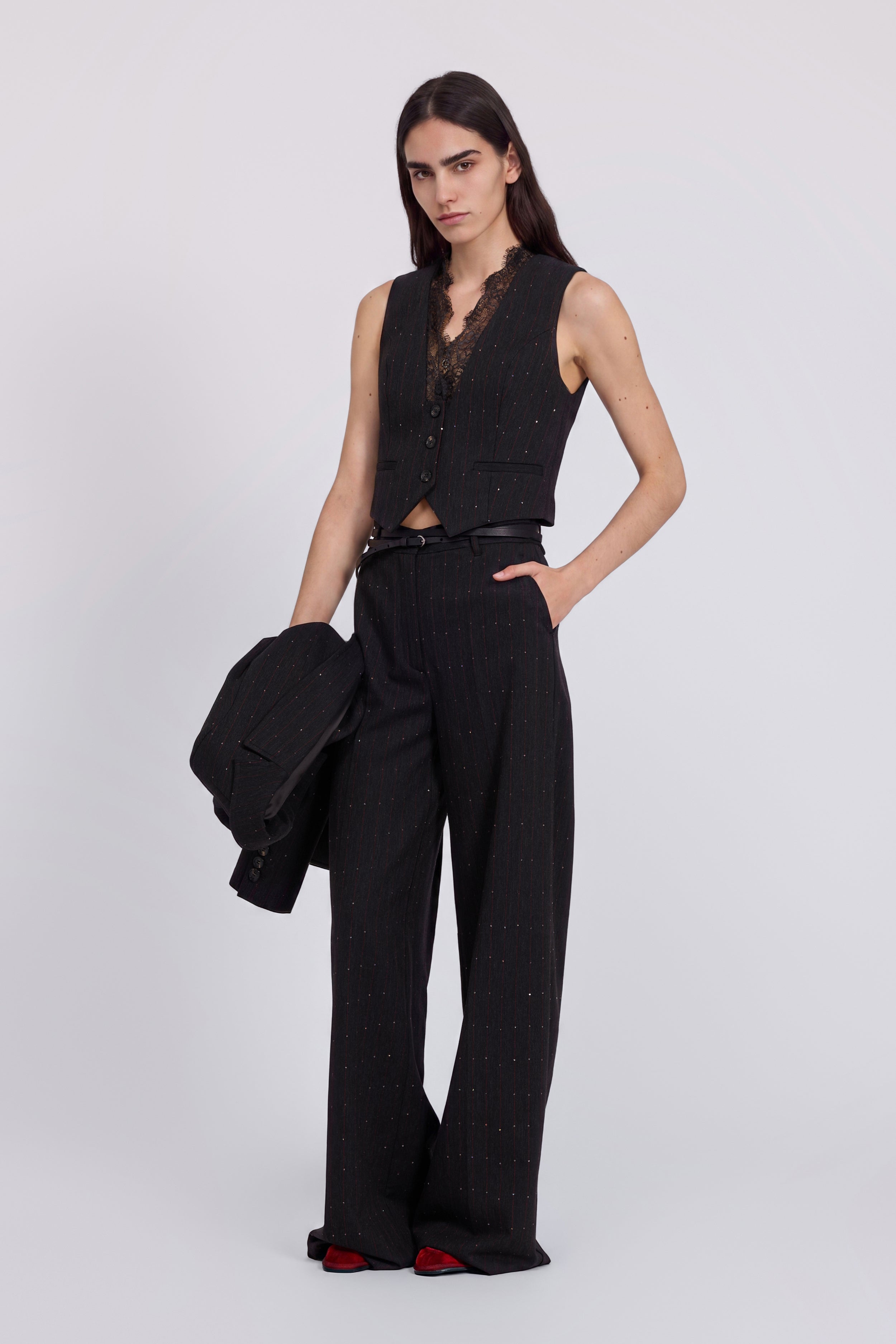 PINSTRIPED WAISTCOAT WITH MICRO SEQUINS AND LACE ON THE NECKLINE