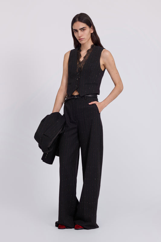 PINSTRIPED WAISTCOAT WITH MICRO SEQUINS AND LACE ON THE NECKLINE