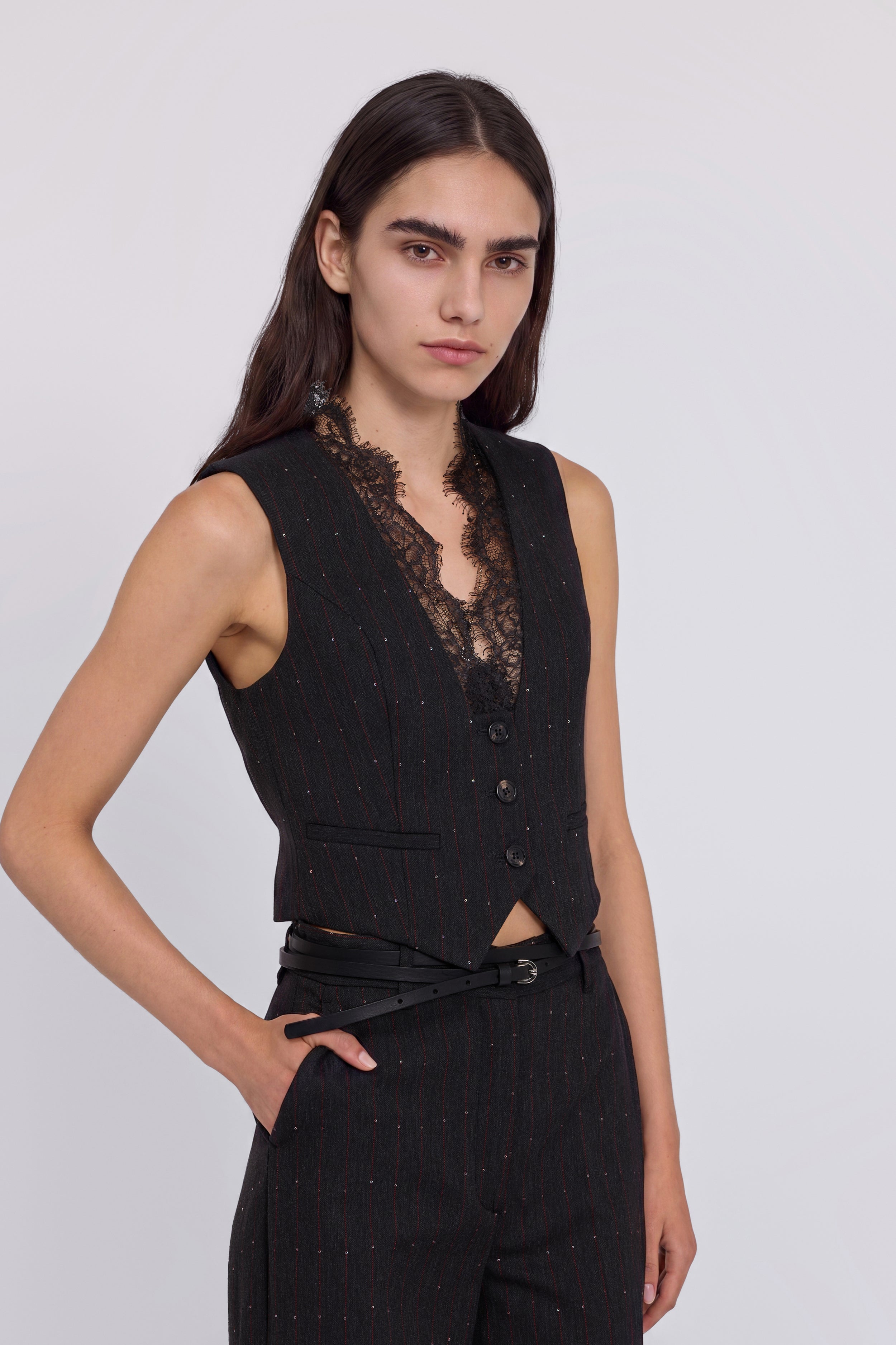 PINSTRIPED WAISTCOAT WITH MICRO SEQUINS AND LACE ON THE NECKLINE