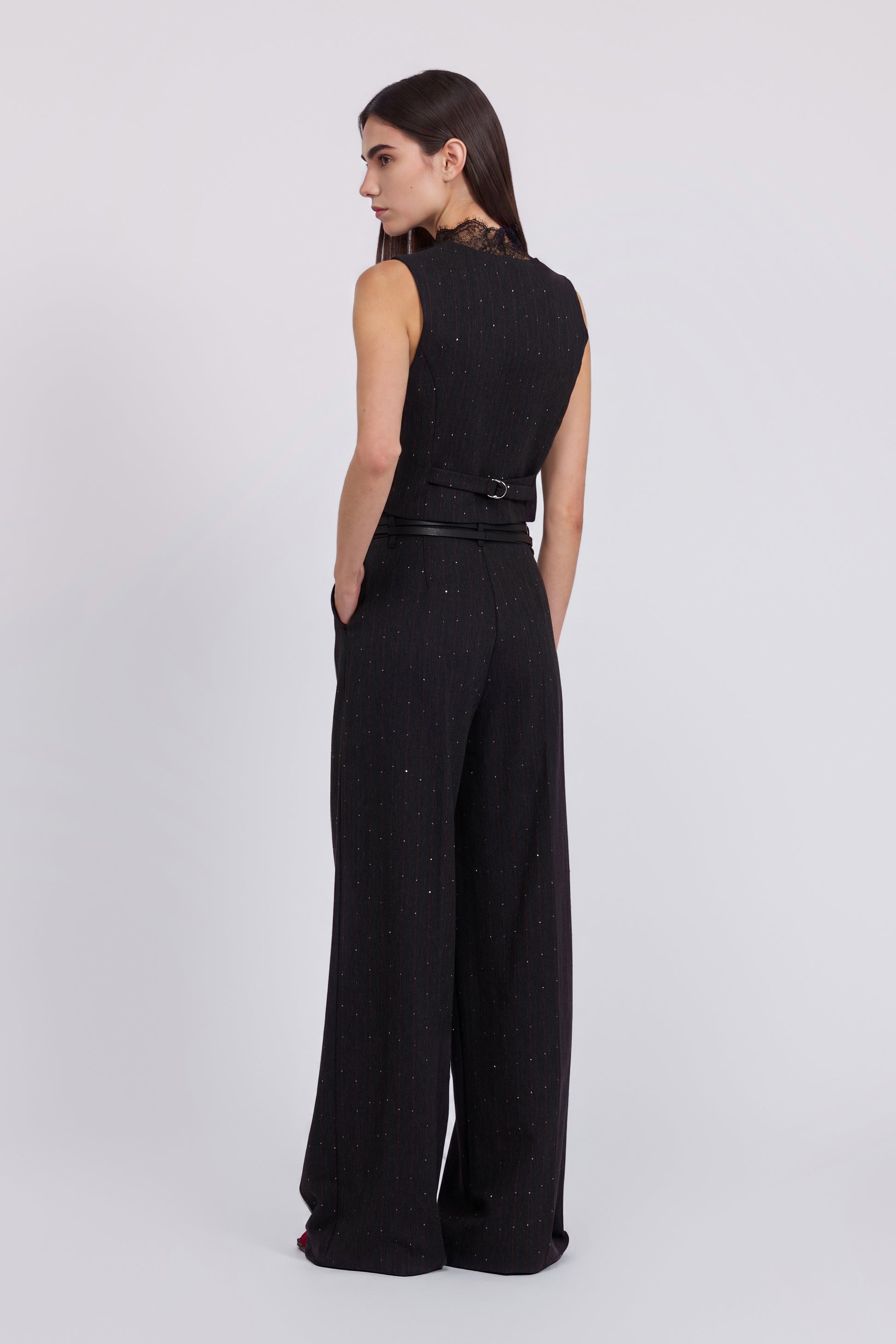 PINSTRIPED WAISTCOAT WITH MICRO SEQUINS AND LACE ON THE NECKLINE