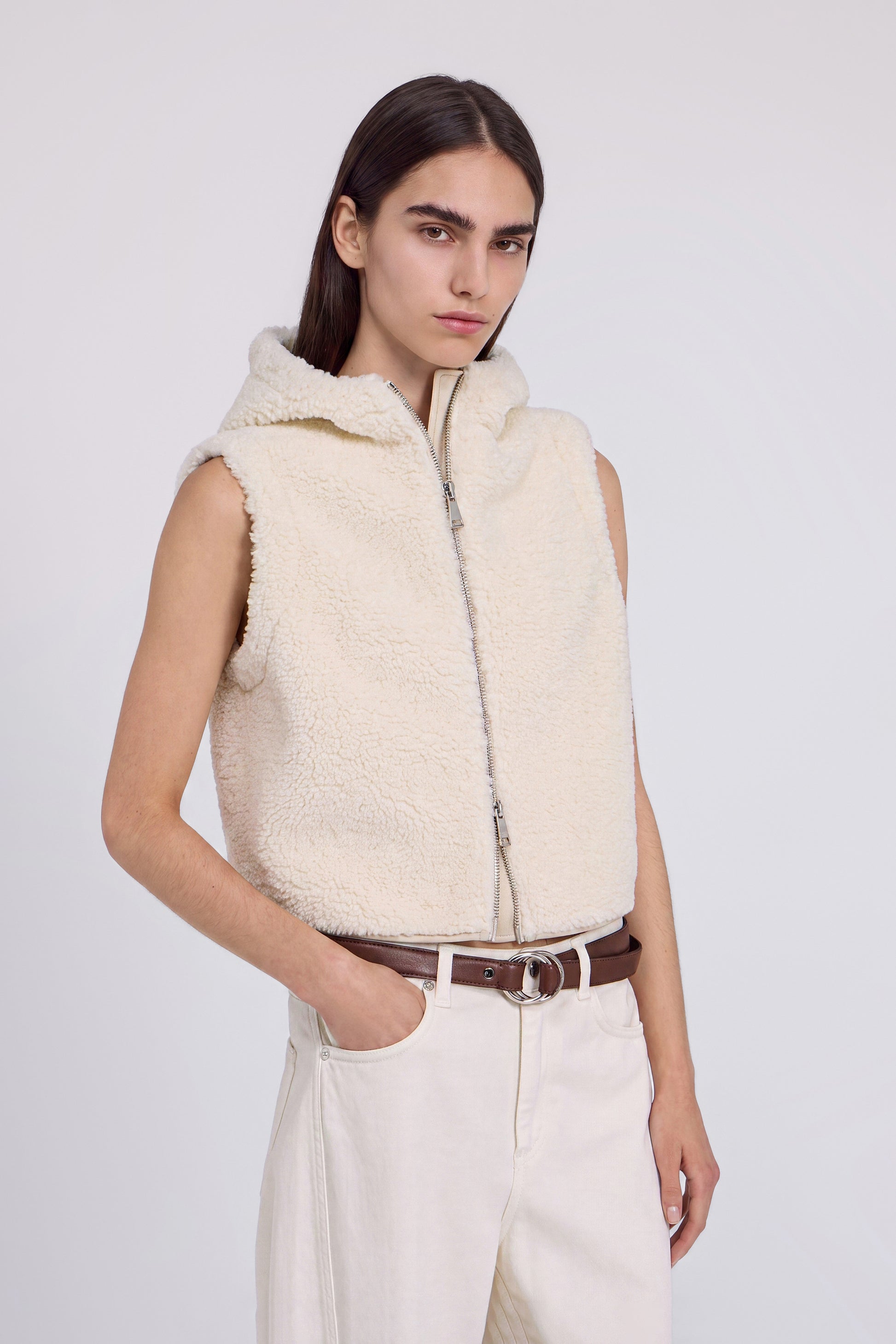 FAUX SHEEPSKIN HOODED WAISTCOAT WITH ZIP