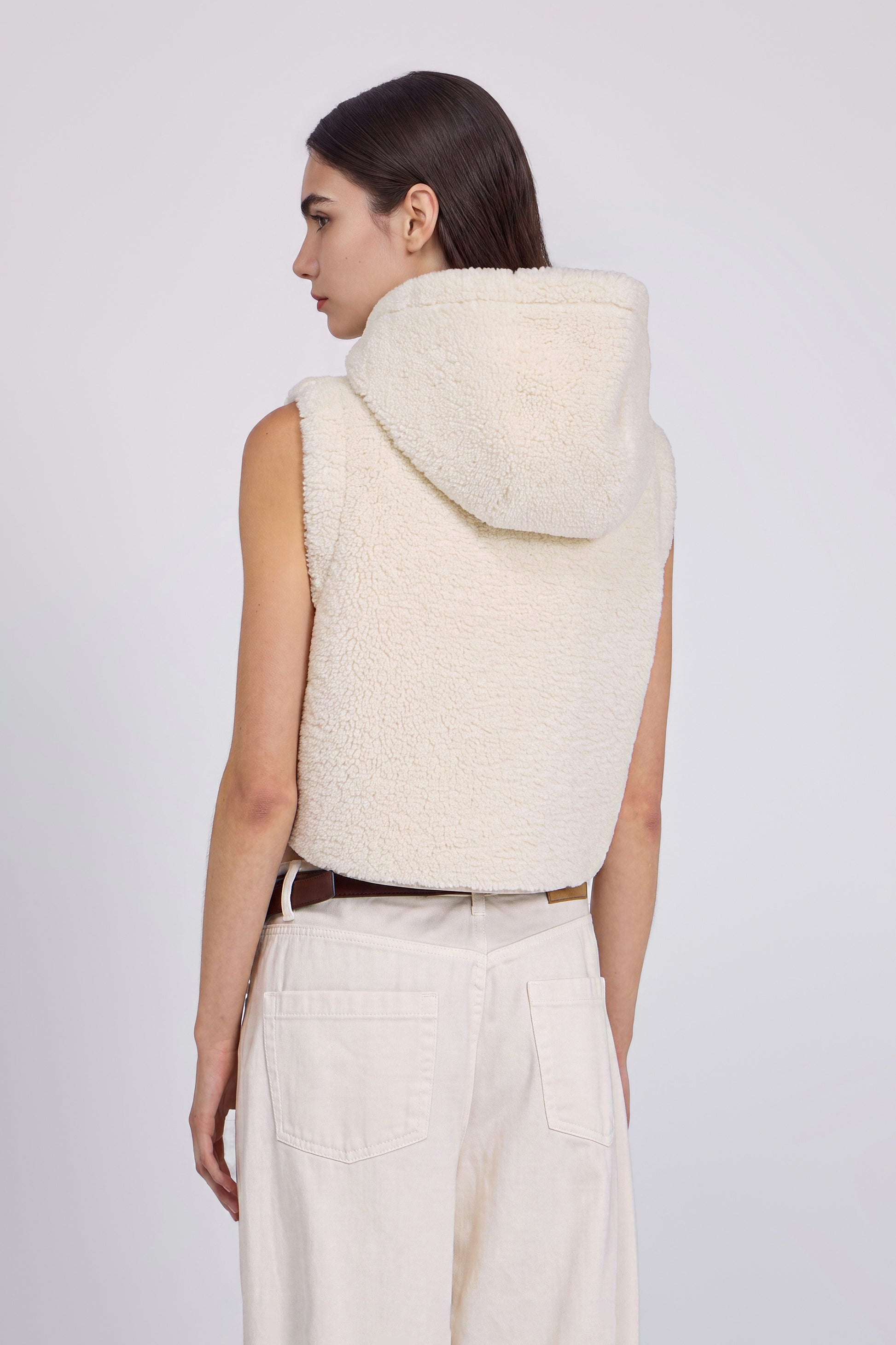 FAUX SHEEPSKIN HOODED WAISTCOAT WITH ZIP