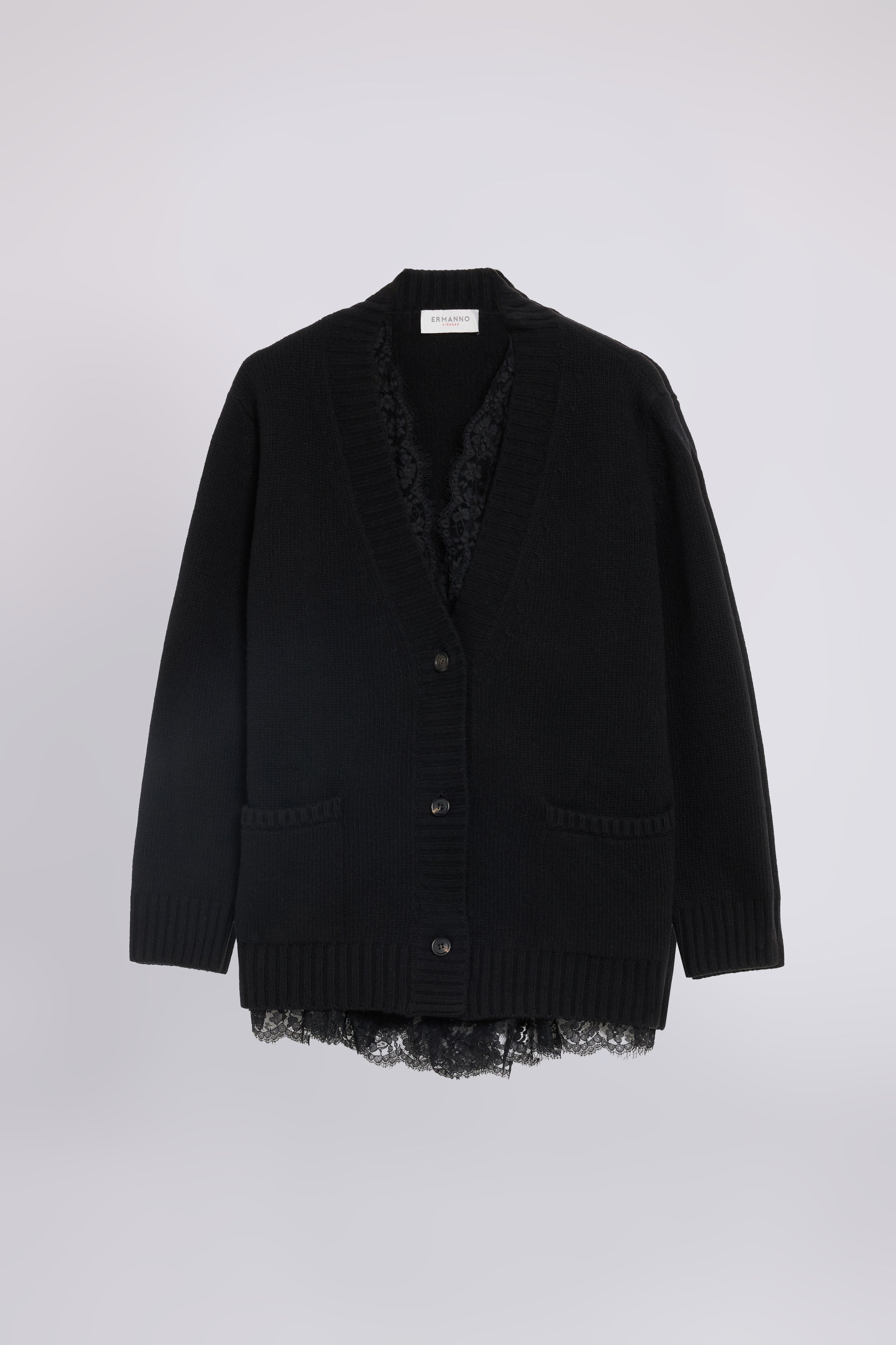 CARDIGAN EN LAINE AVEC FOULARD EN GEORGETTE ET DENTELLE