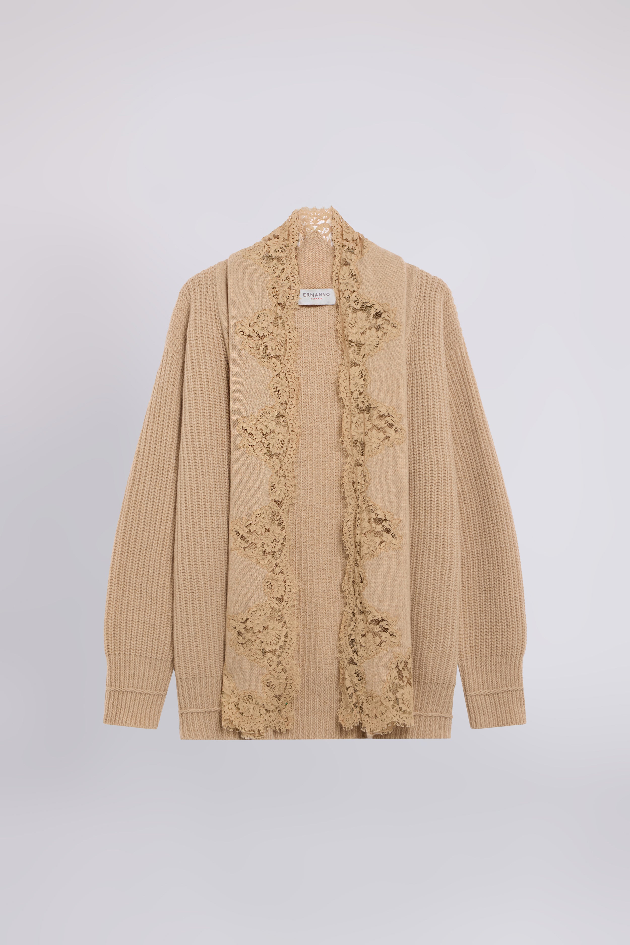CARDIGAN EN MAILLE AVEC COL CHÂLE ET DĖTAILS EN DENTELLE