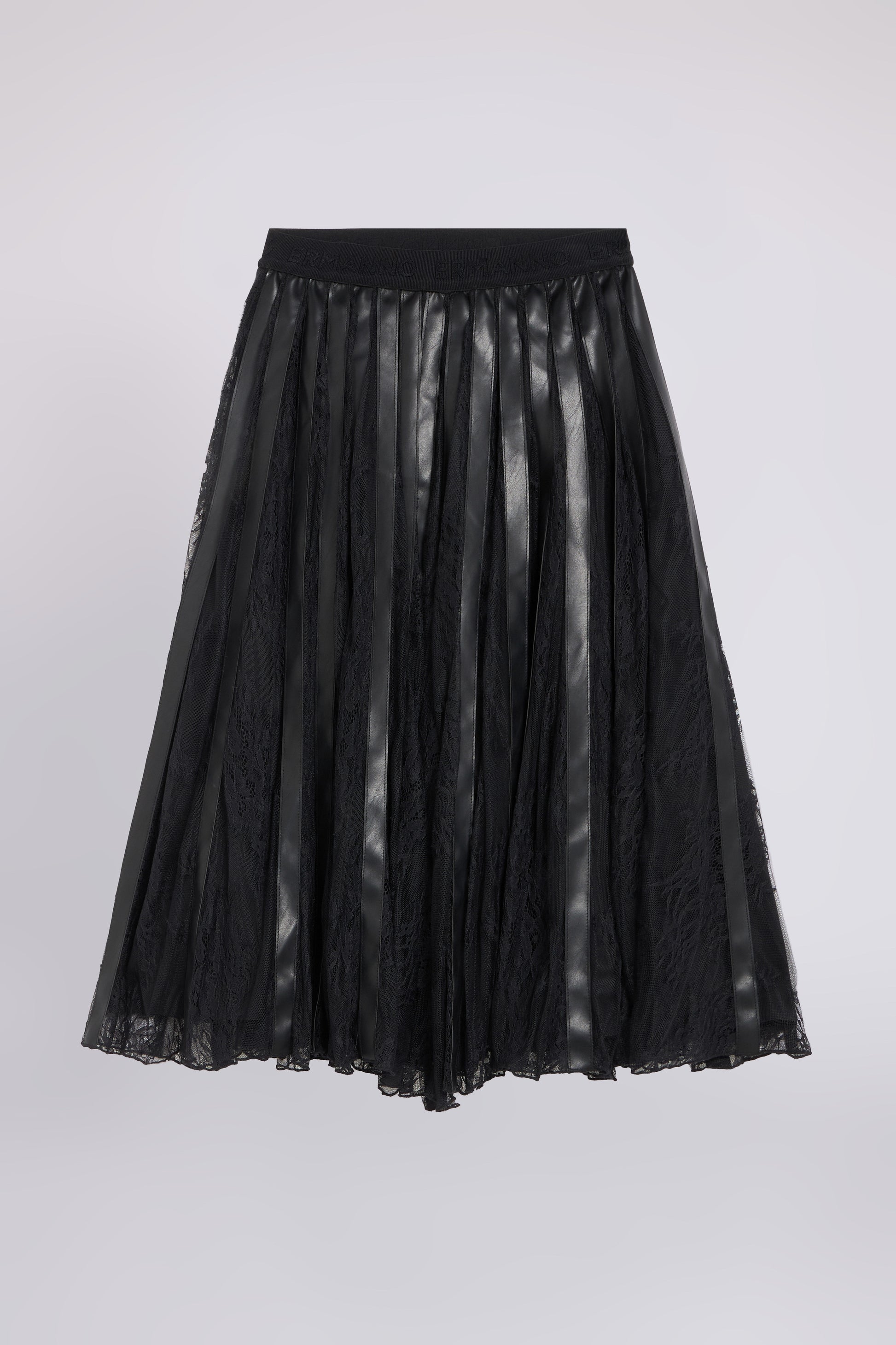 GONNA MIDI IN PIZZO CON INSERTI DI ECOPELLE
