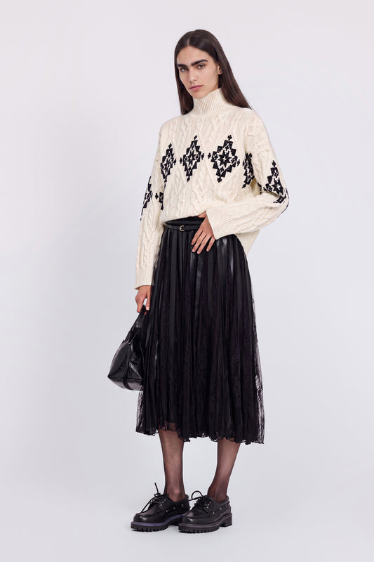 GONNA MIDI IN PIZZO CON INSERTI DI ECOPELLE